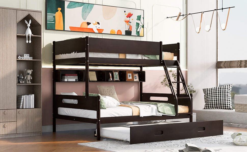 Wood Twin over Full Bunk Bed with Storage Shelves and Twin Size Trundle, Espresso - Enova Luxe Home Store
