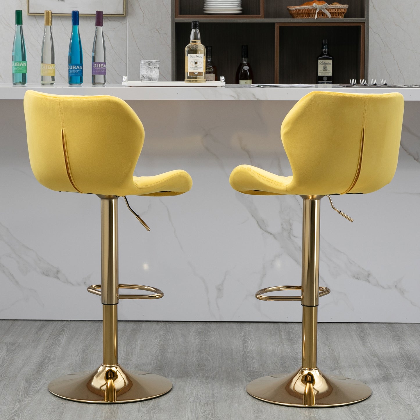 Yellow Velvet Adjustable Swivel Bar Stools Set Of 2 Modern Counter Height Barstools With Golden Color Base - Enova Luxe Home Store