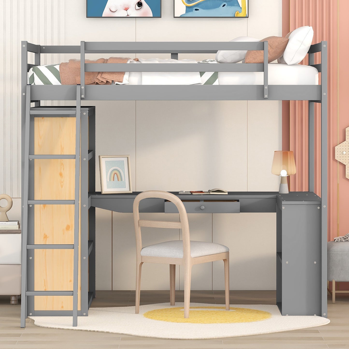 Twin Size Loft Bed with Ladder, Shelves, and Desk, Gray(LT000225AAE)
