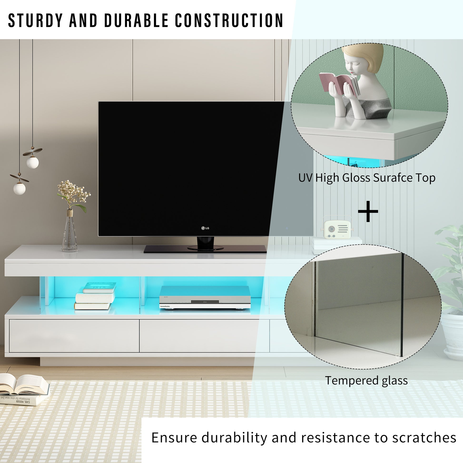 U-Can Modern LED TV Stand for 70 inch TV with Shelves and Storage Drawers
Modern, Entertainment Center, White Tabletop High Glossy TV Stand for living Room - Enova Luxe Home Store