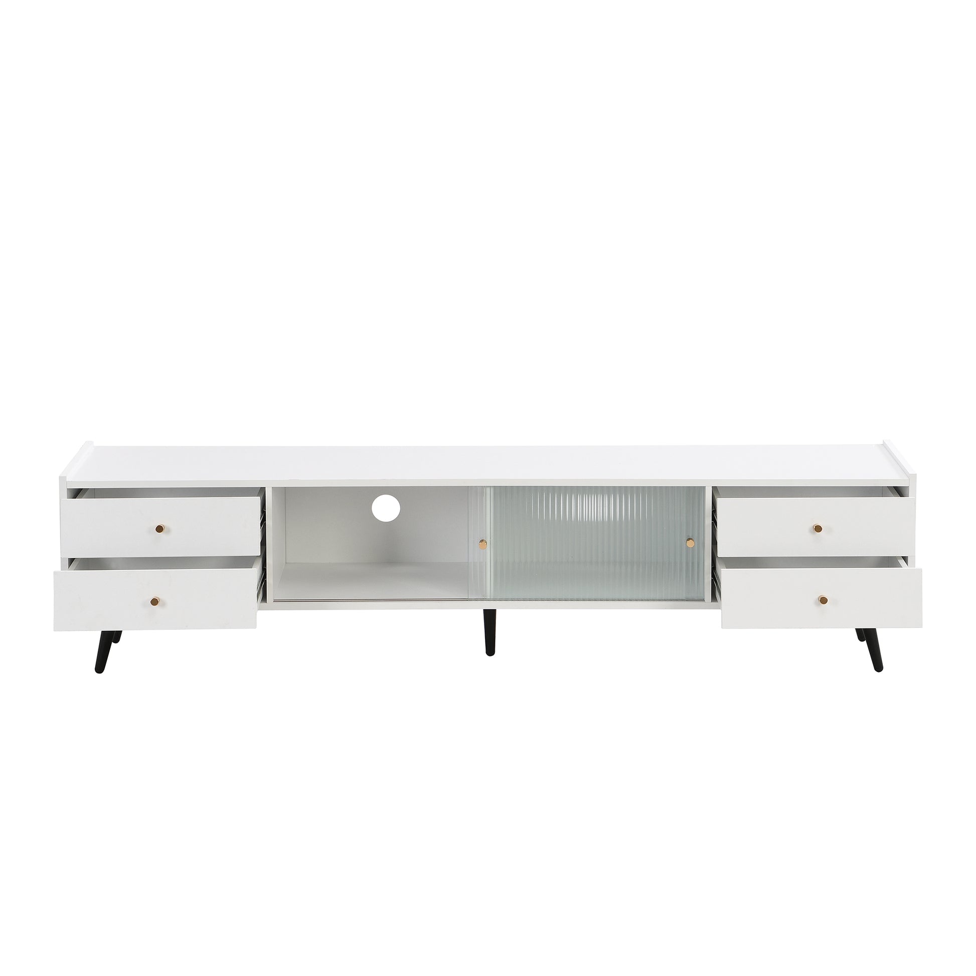 ON-TREND Contemporary TV Stand with Sliding Fluted Glass Doors, Slanted Drawers Media Console for TVs Up to 70", Chic Elegant TV Cabinet with Golden Metal Handles , White - Enova Luxe Home Store