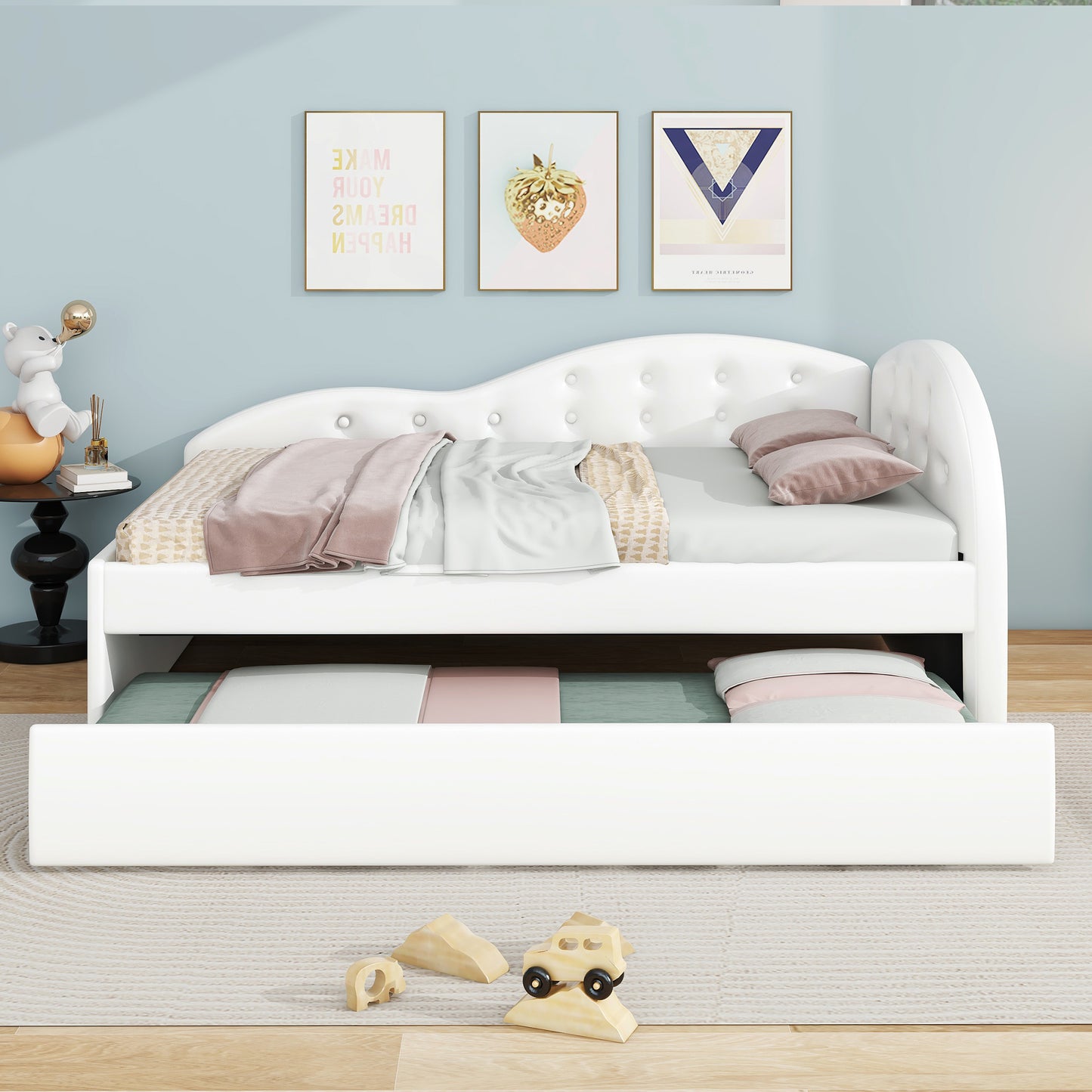 Twin Size PU Upholstered Tufted Daybed with Trundle and Cloud Shaped Guardrail, White