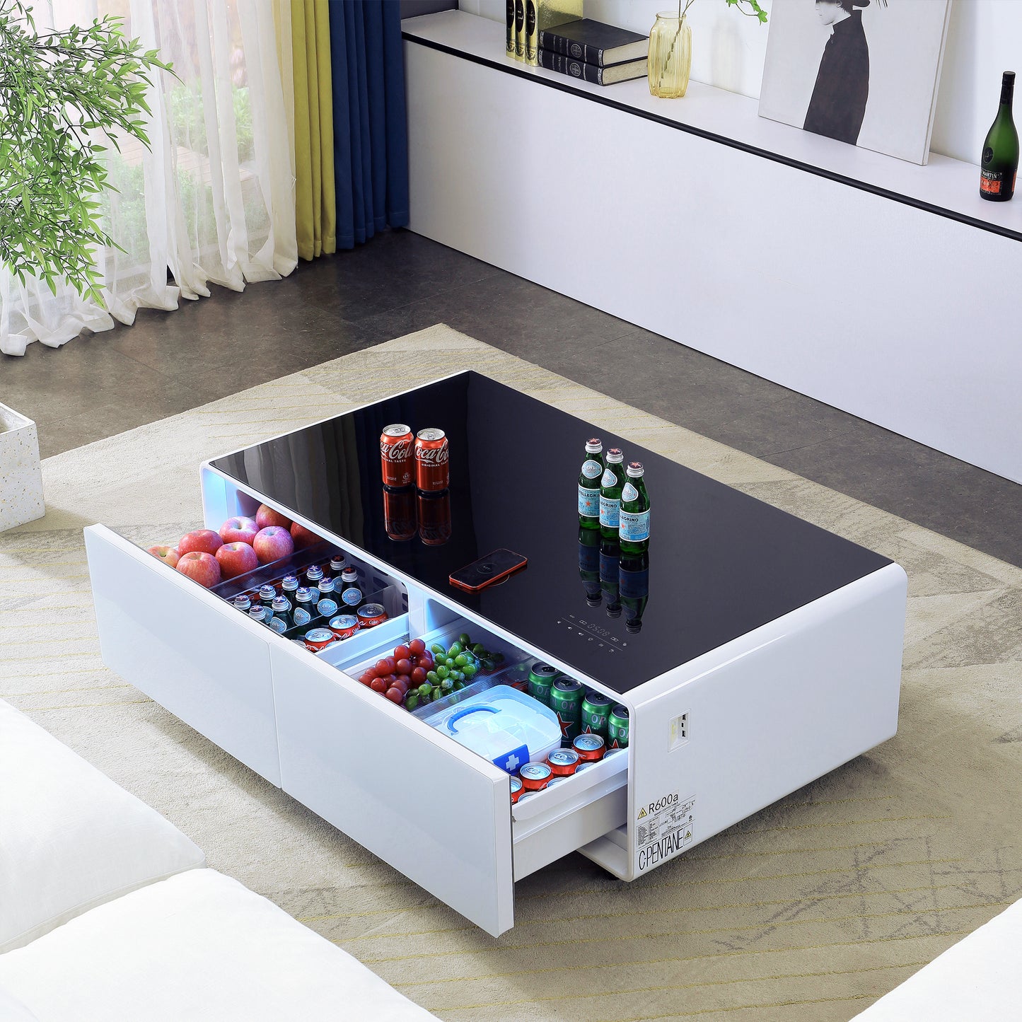 Smart Table Fridge, Multifunctional Coffee Table, Tempered Glass Table Top and Back Storage - Enova Luxe Home Store