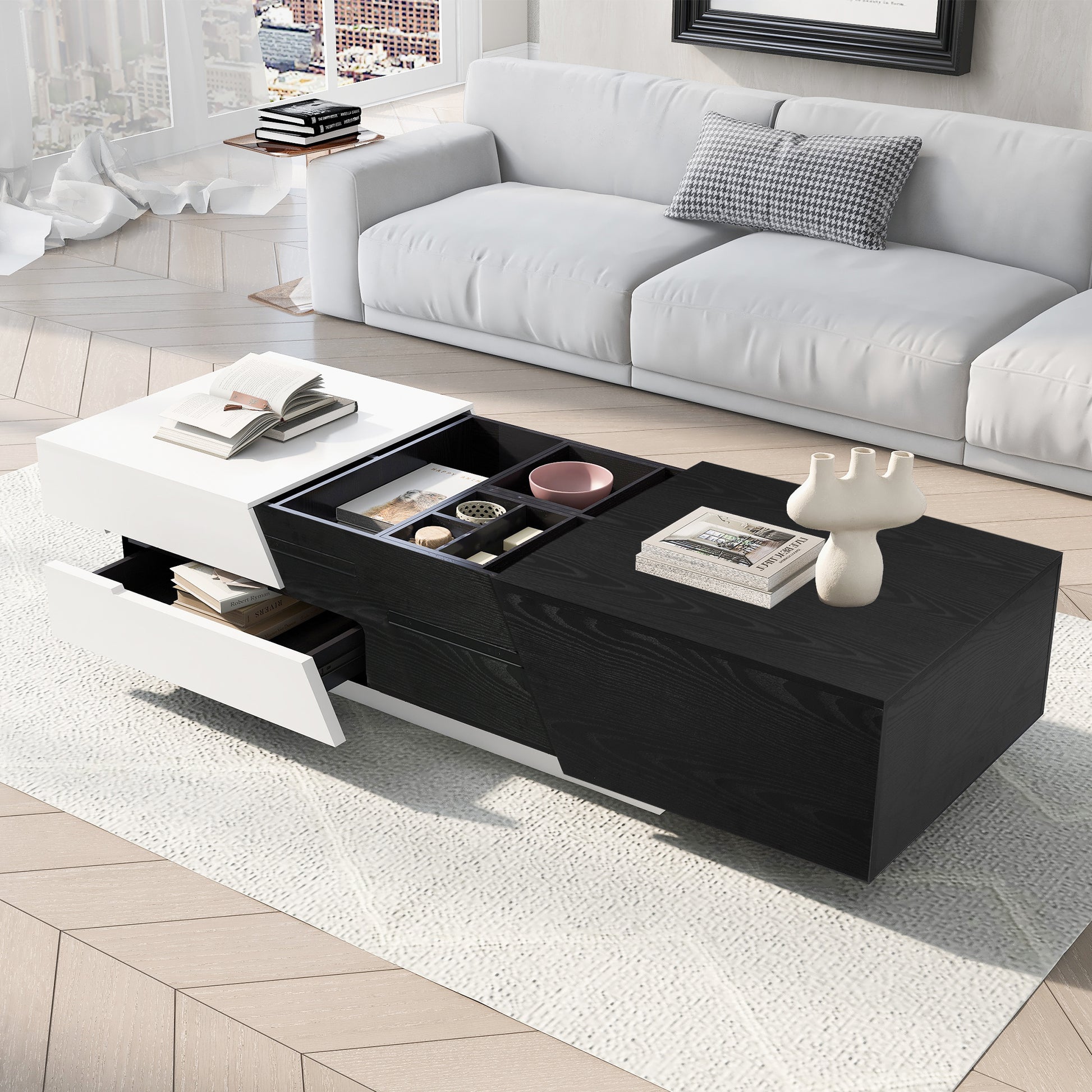 Modern Extendable Sliding Top Coffee Table with Storage in White&Black - Enova Luxe Home Store