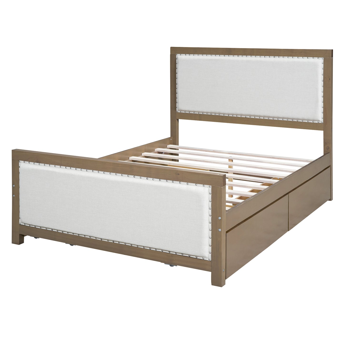 Full Size Upholstered Platform Bed with Wood Frame and 4 Drawers, Natural Wooden+Beige Fabric