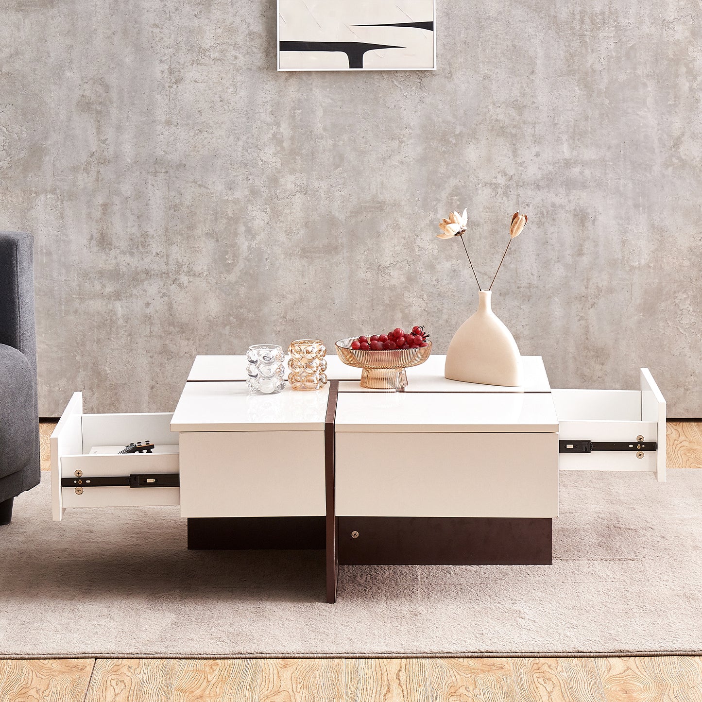 Victoria Collection Modern Style High Gloss & Veneer Finished Living Room Square Coffee Table with 4 Drawers - White & Walnut, Particle Board