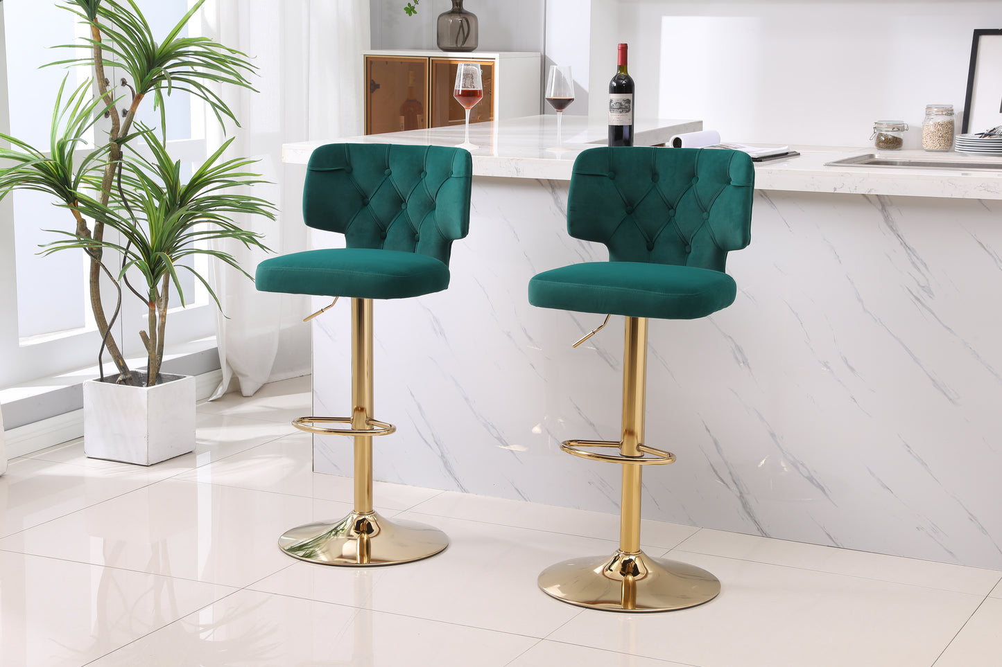 Modern Barstools Bar Height, Swivel Velvet Bar Stool Counter Height Bar Chairs Adjustable Tufted Stool with Back& Footrest for Home Bar Kitchen Island Chair (Emerald, Set of 2) - Enova Luxe Home Store