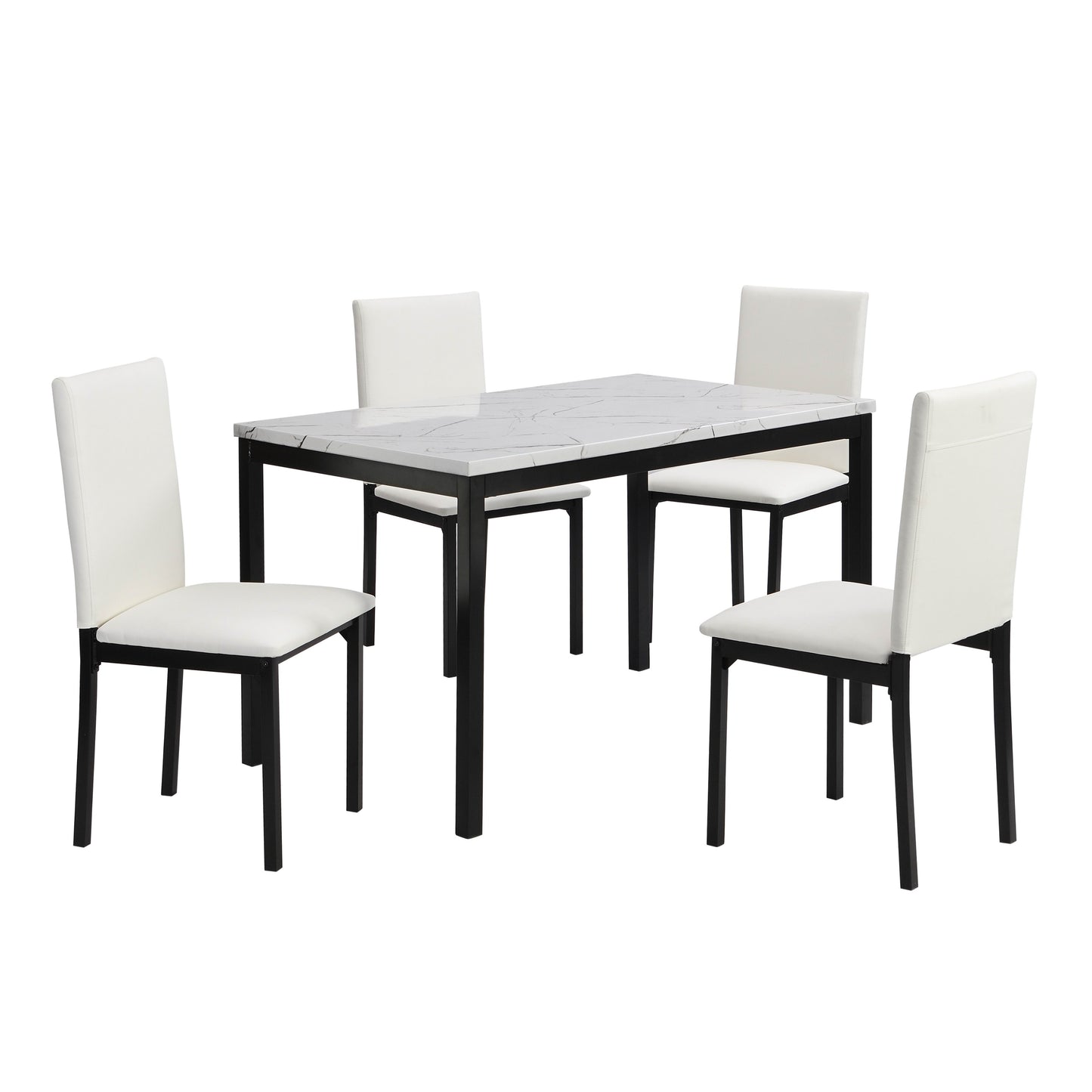 Dining 5pc Set White Faux Marble Top Table and 4x Side Chais Metal Frame Black Casual Dining Furniture - Enova Luxe Home Store