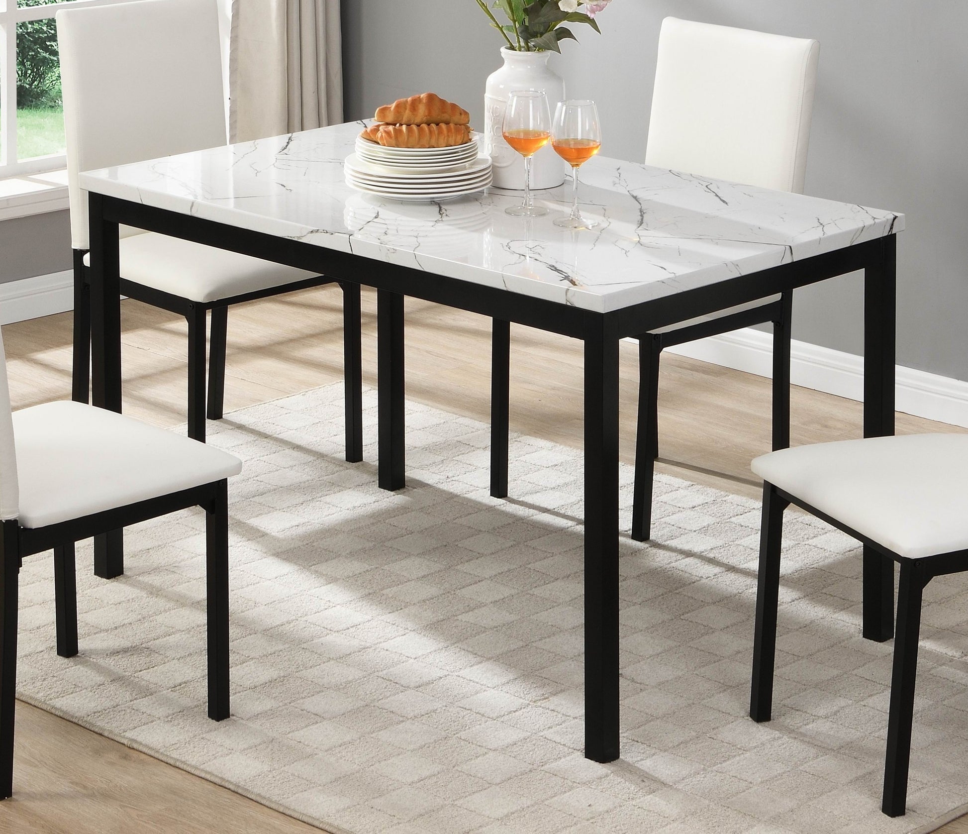 Dining 5pc Set White Faux Marble Top Table and 4x Side Chais Metal Frame Black Casual Dining Furniture - Enova Luxe Home Store