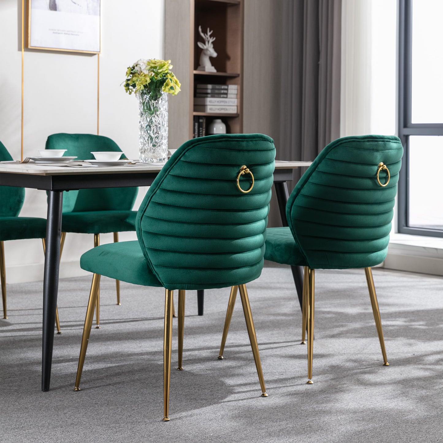 Modern Dining Chair Set of 2, Woven Velvet Upholstered Side Chairs with Barrel Backrest and Gold Metal Legs, Accent Chairs for Living Room Bedroom,Green - Enova Luxe Home Store