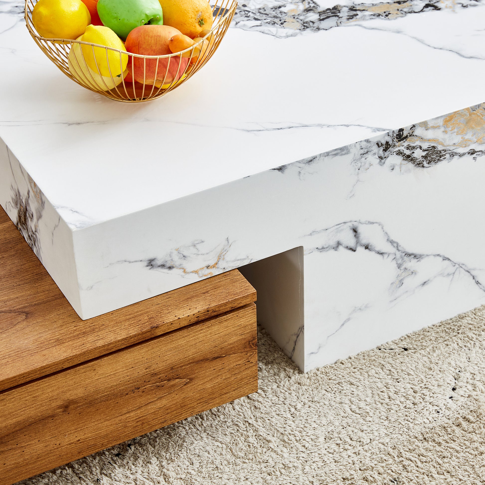 A modern MDF coffee table in white and wood tones, equipped with drawers for storage. The fusion of elegance and natural fashion.  49.80" *30.70" *13.80"  CT-DI-70 - Enova Luxe Home Store