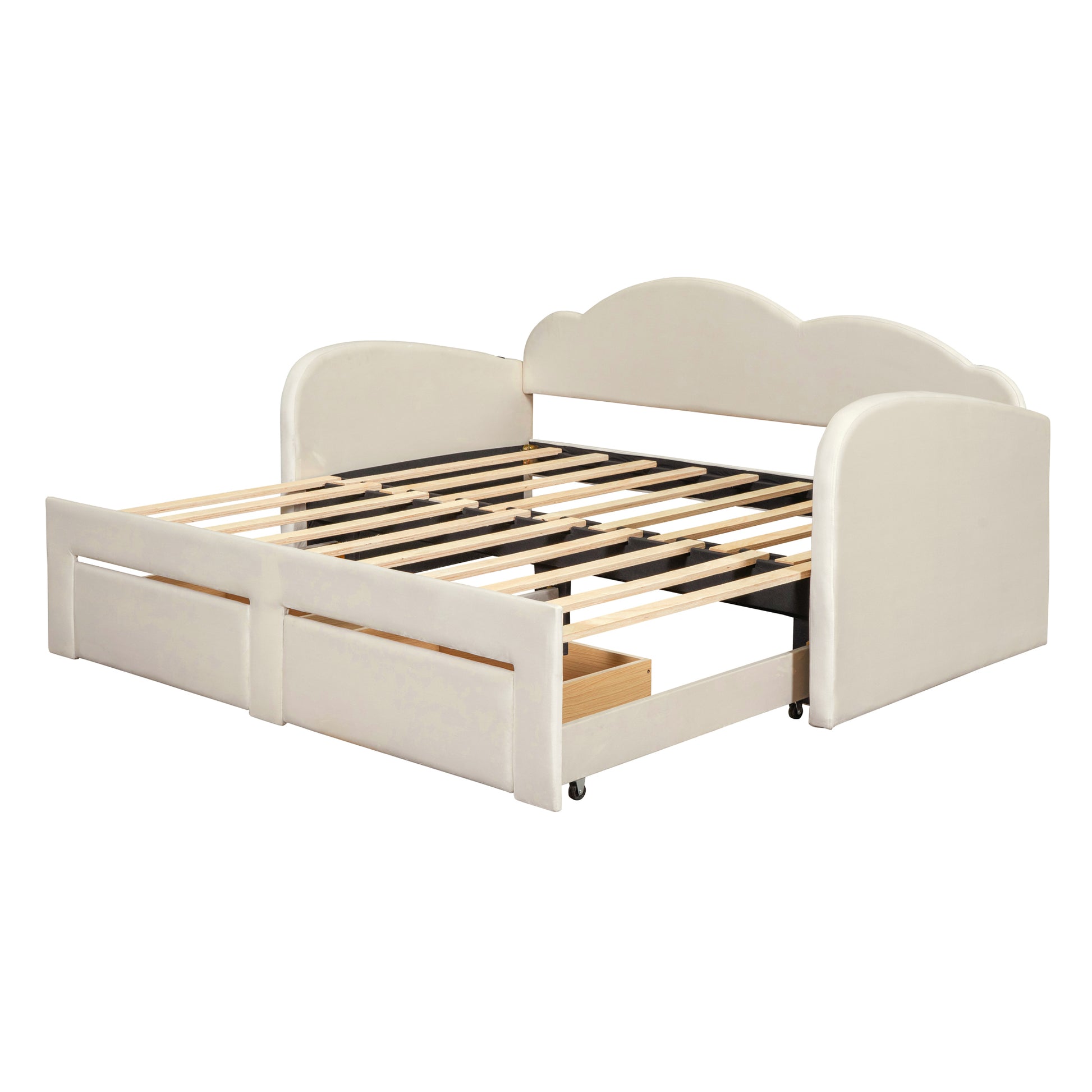 Twin Size Upholstered daybed with Cloud-Shaped Backrest, Trundle & 2 Drawers and USB Ports, Beige - Enova Luxe Home Store