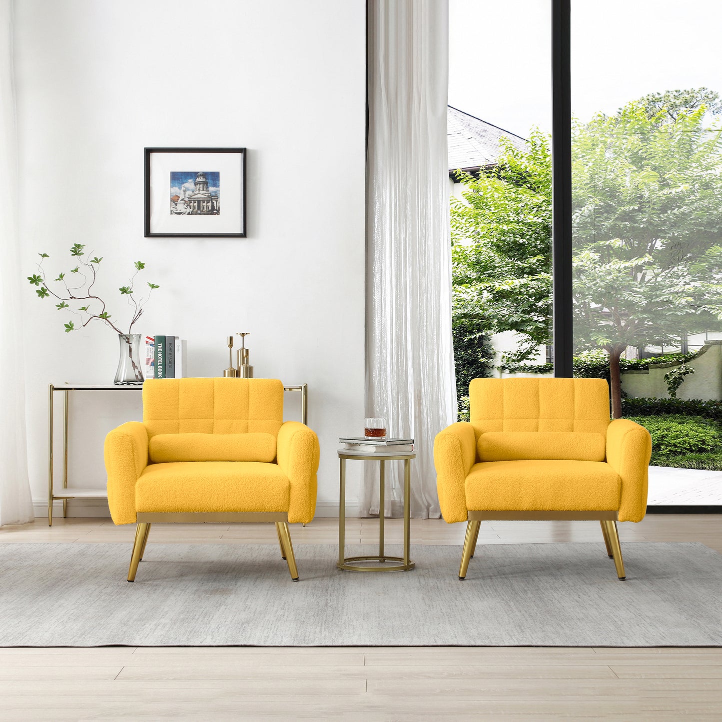 Teddy Accent Chair with Waist Pillow, Modern Upholstered Mid Century Reading Arm Chairs with Metal Legs Comfy Side Lounge Chair Single Sofa for Living Room Bedroom Apartment, Yellow Teddy Fabric. - Enova Luxe Home Store