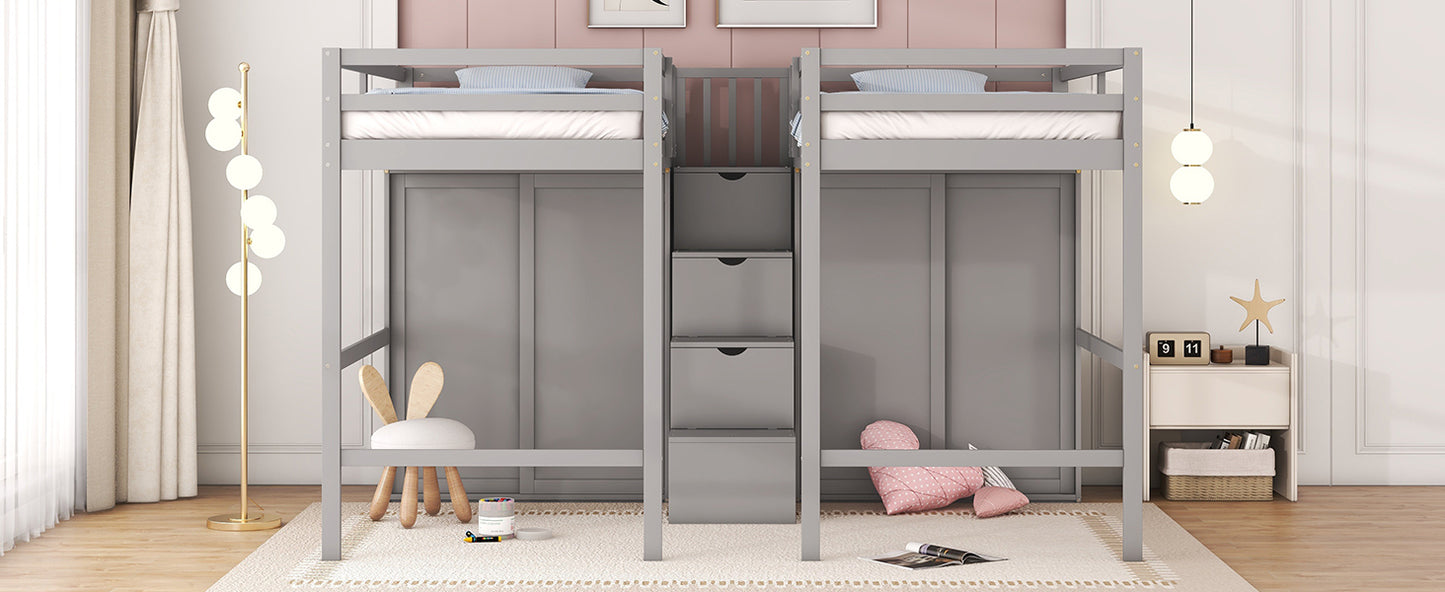 Double Twin Loft Beds with Wardrobes and Staircase, Gray - Enova Luxe Home Store