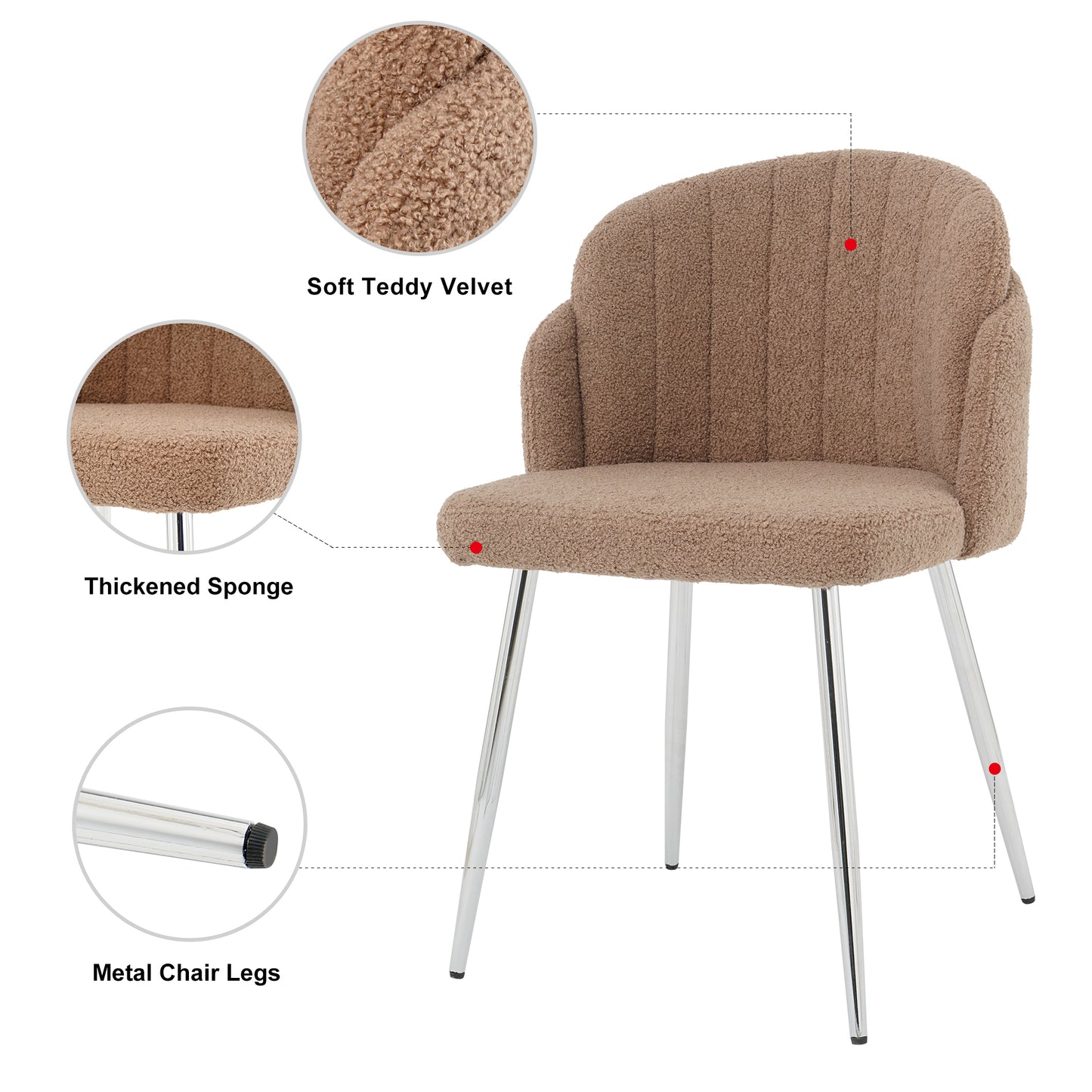 Modern simple brown teddy fleece dining chair Fabric Upholstered Chairs home bedroom stool back dressing chair chrome metal legs(set of 2) - Enova Luxe Home Store