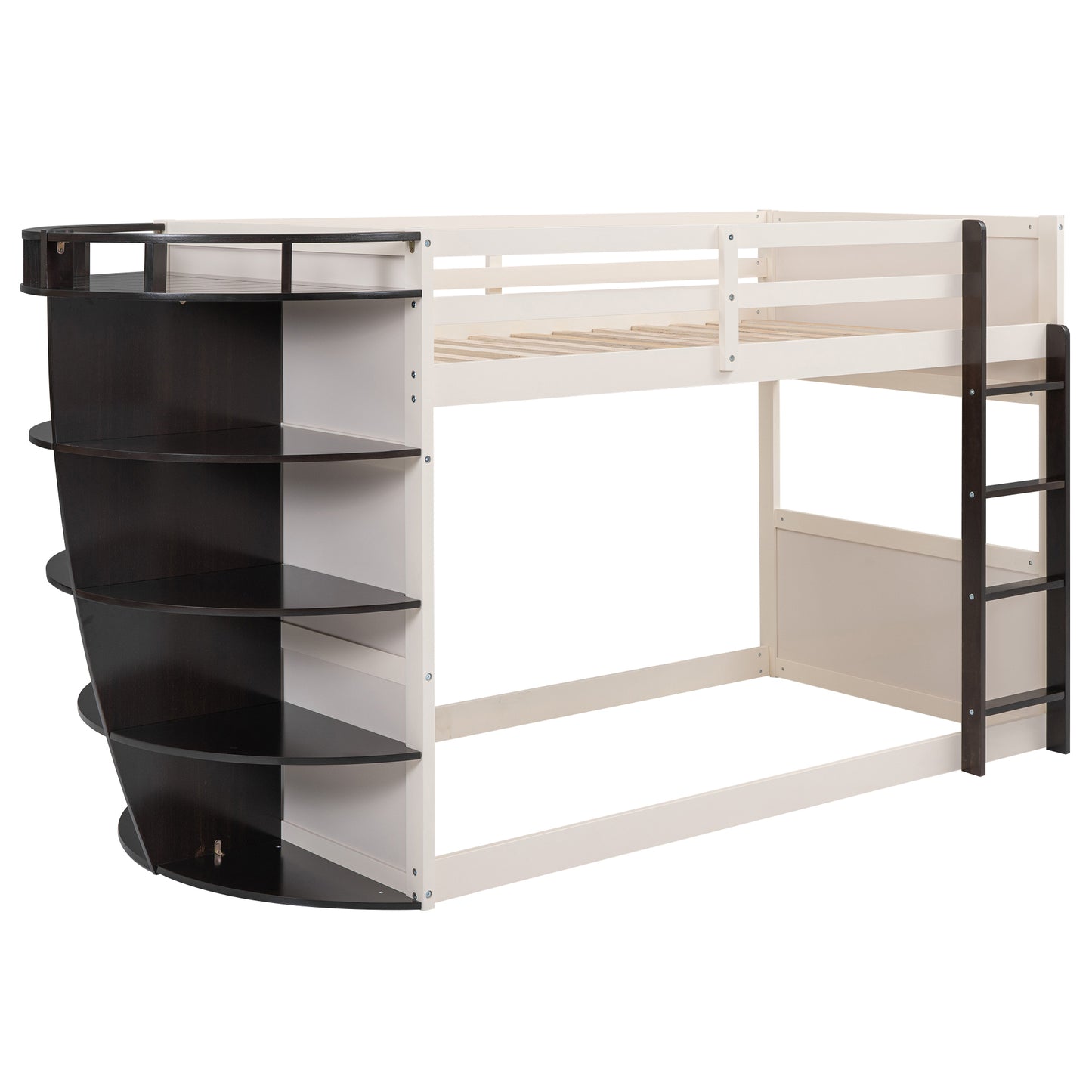 Twin over Twin Boat-Like Shape Bunk Bed with Storage Shelves, Cream+Espresso - Enova Luxe Home Store