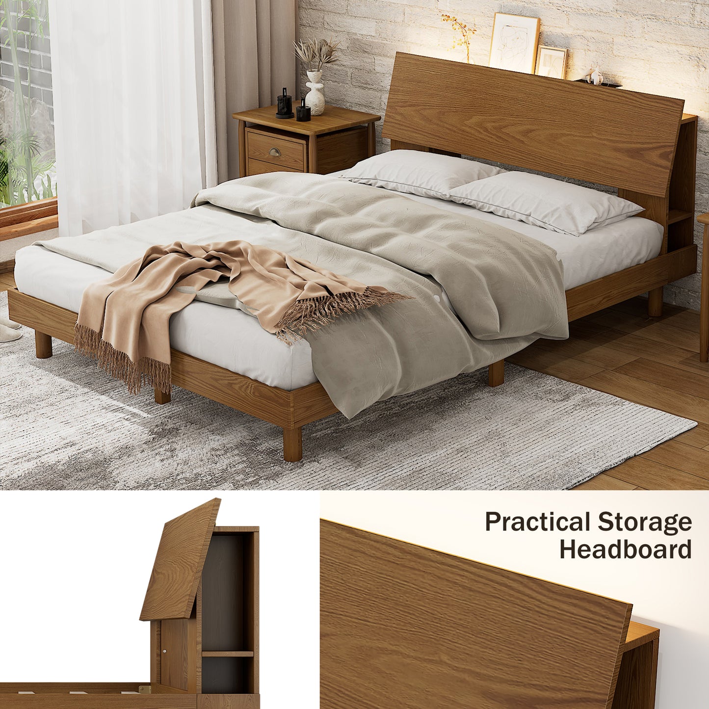 3 Pieces Bedroom Sets Mid Century Platform Queen Bed with Bookshelf and Led Lights and USB Port with two nightstands - Enova Luxe Home Store