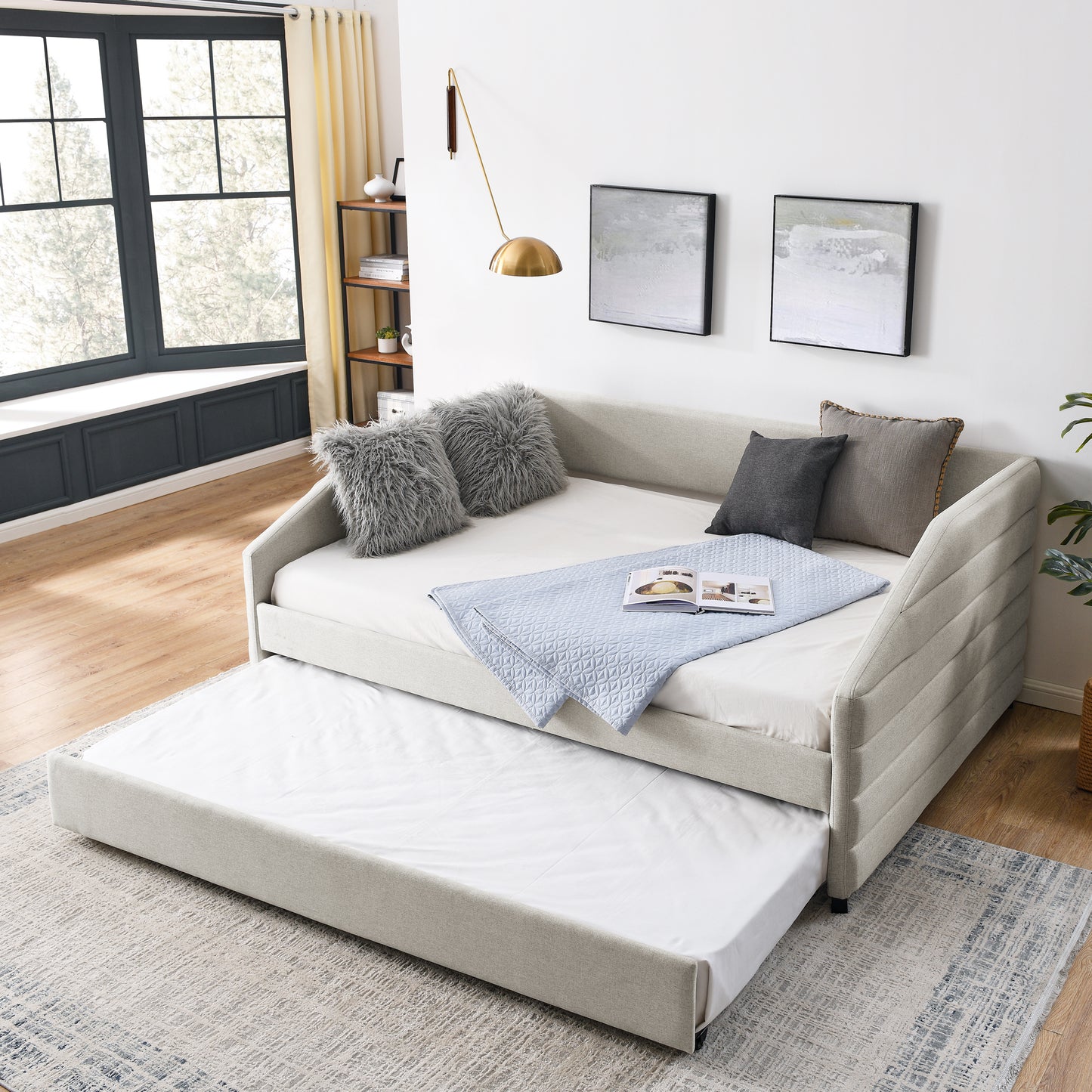 Full Size Daybed with Trundle Upholstered Tufted Sofa Bed, Linen Fabric, Beige (82.5"x58"x34")