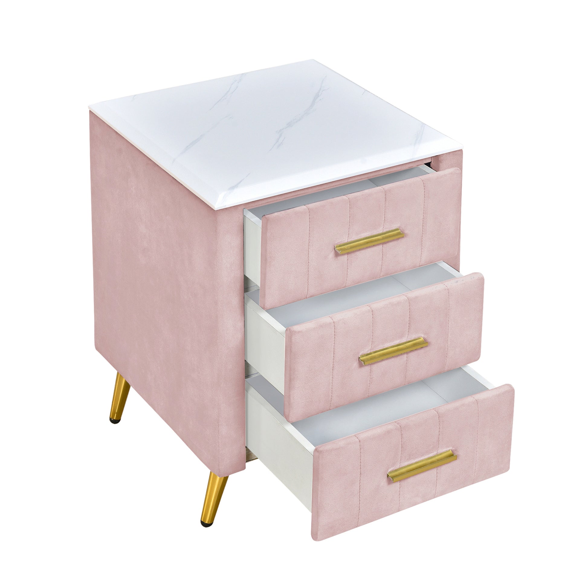 3-Pieces Bedroom Sets, Queen Size Upholstered Platform Bed with Two Nightstands, Nightstands with Marbling Worktop and Metal Legs&Handles, Velvet,Pink - Enova Luxe Home Store