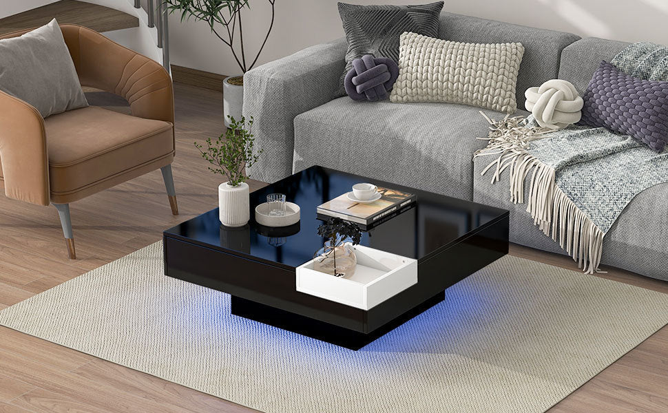 ON-TREND Modern Minimalist Design 31.5*31.5in Square Coffee Table with Detachable Tray and Plug-in 16-color LED Strip Lights Remote Control for Living Room - Enova Luxe Home Store