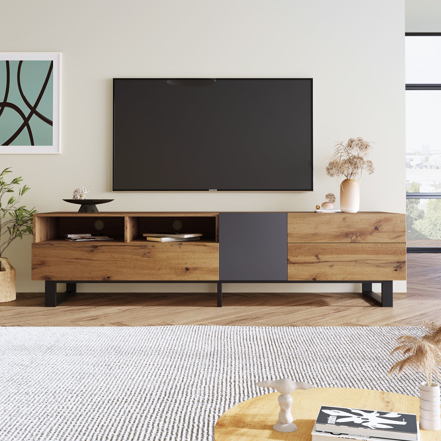 Modern TV Stand for 80'' TV with Double Storage Space, Media Console Table, Entertainment Center with Drop Down Door for Living Room, Bedroom, Home Theatre