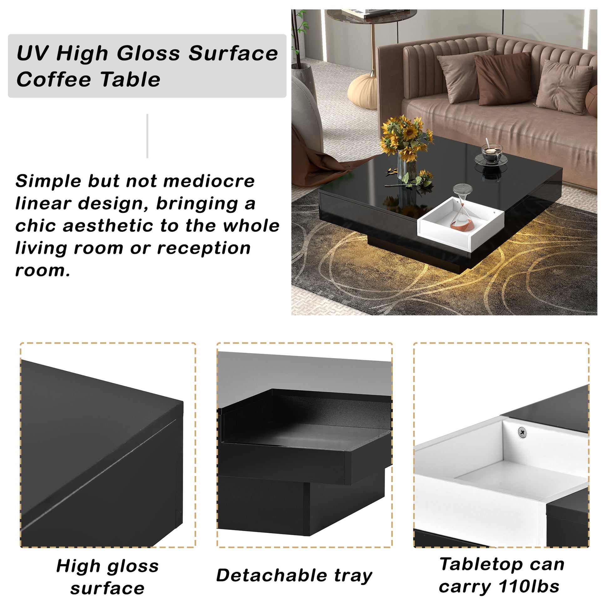 ON-TREND Modern Minimalist Design 31.5*31.5in Square Coffee Table with Detachable Tray and Plug-in 16-color LED Strip Lights Remote Control for Living Room - Enova Luxe Home Store