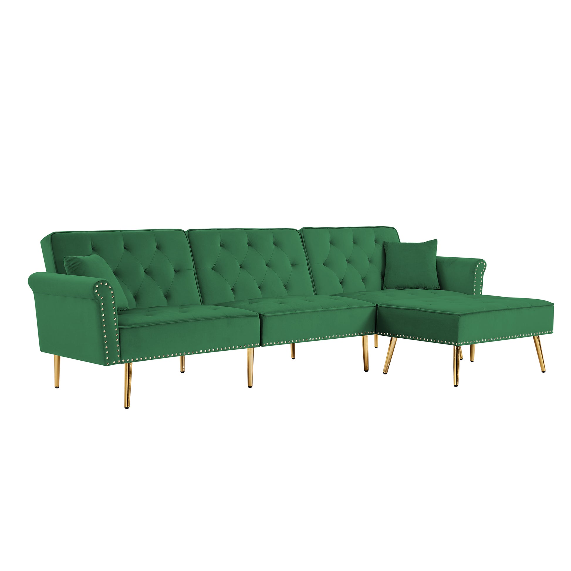 Modern Velvet Upholstered Reversible Sectional Sofa Bed , L-Shaped Couch with Movable Ottoman and Nailhead Trim For Living Room. (Green) - Enova Luxe Home Store