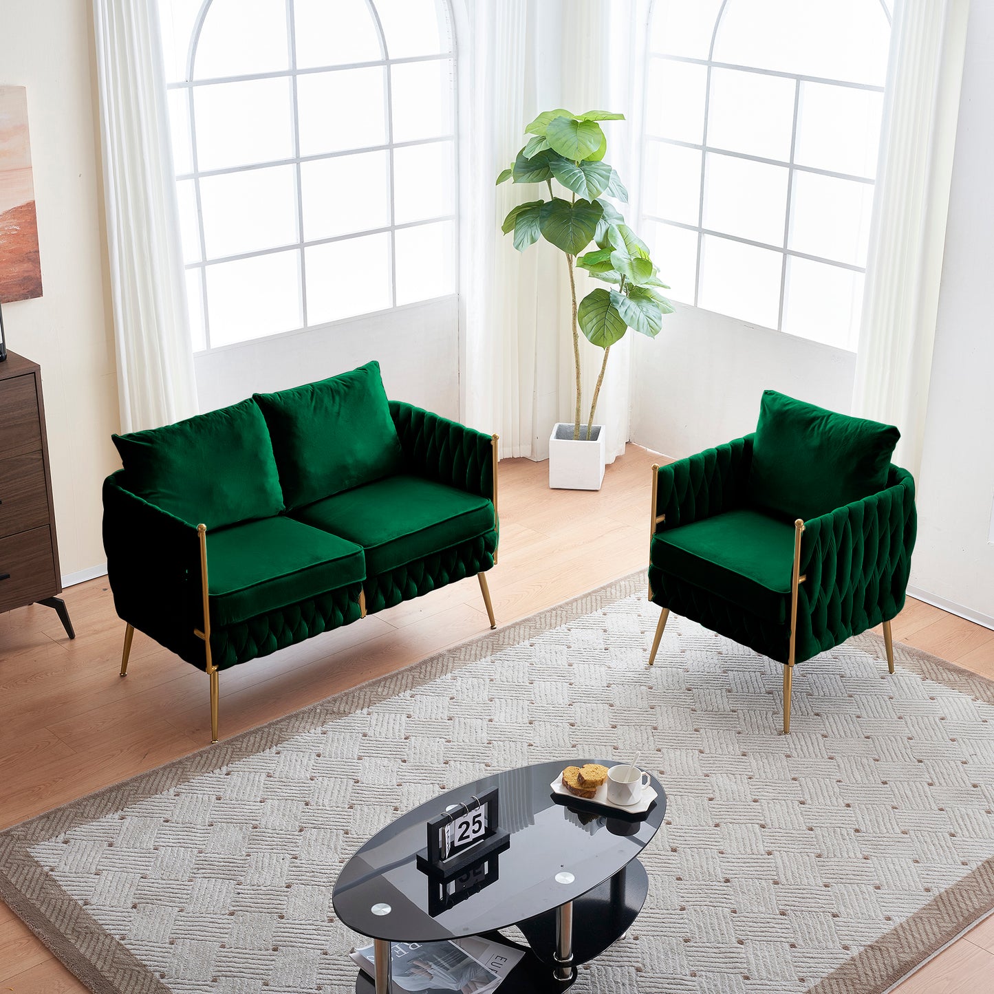 Stylish Handmade Woven Back Upholstered Sofa Set with 1 Accent Chair and 1 Loveseat Sofa, Modern Sofa Set for Living Room And Small Living Spaces , Green Velvet