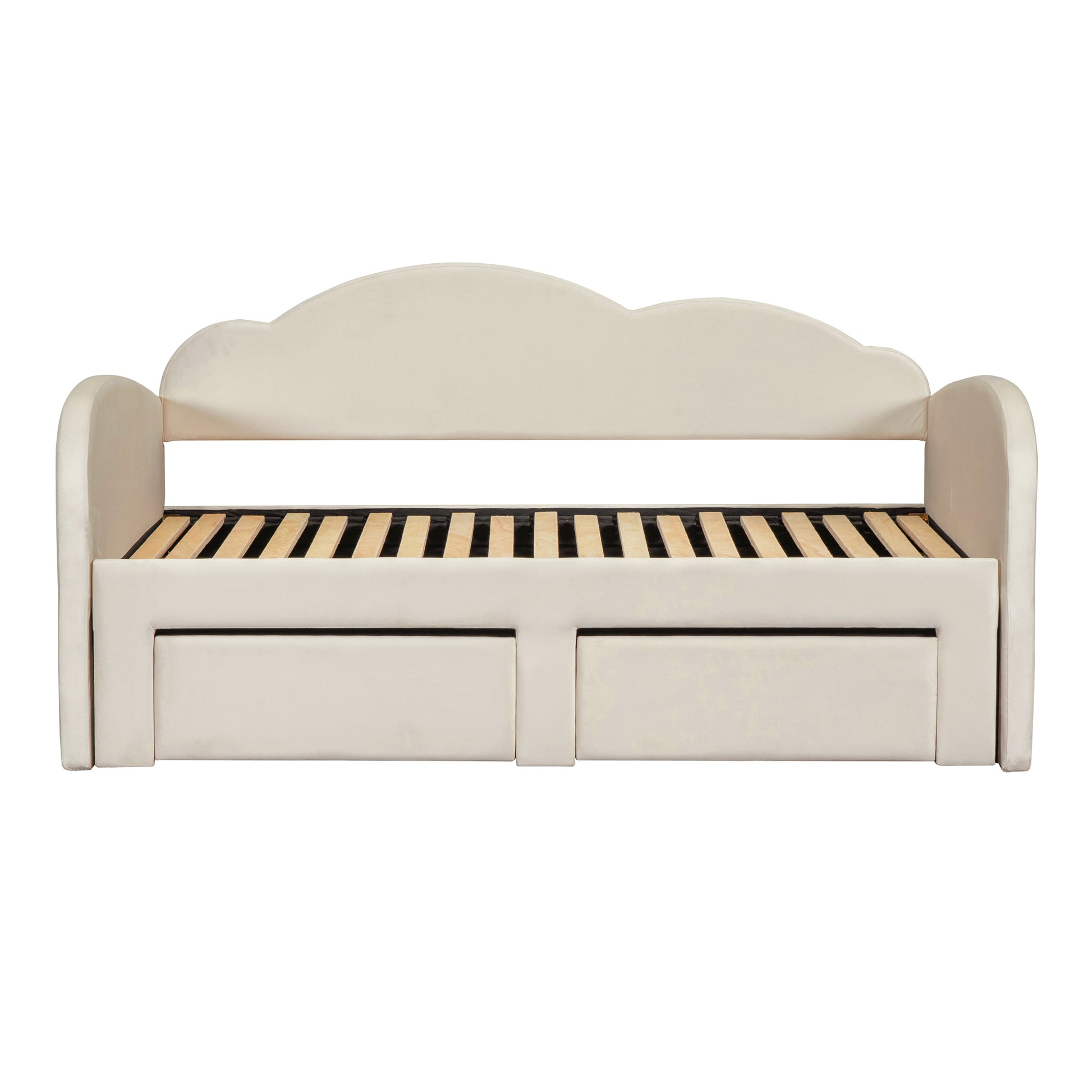 Twin Size Upholstered daybed with Cloud-Shaped Backrest, Trundle & 2 Drawers and USB Ports, Beige - Enova Luxe Home Store