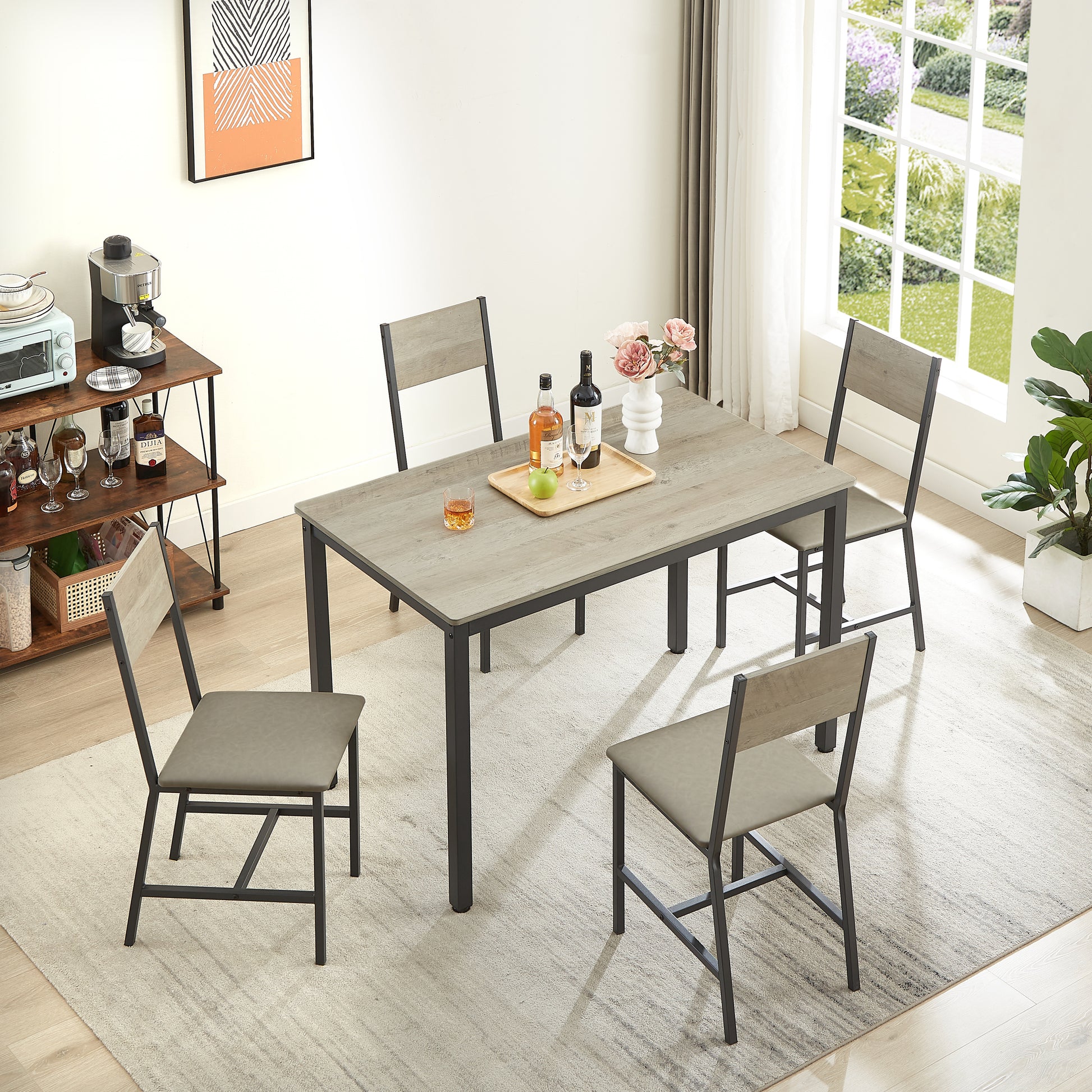 Dining Set for 5 Kitchen Table with 4 Upholstered Chairs, Grey, 47.2'' L x 27.6'' W x 29.7'' H. - Enova Luxe Home Store
