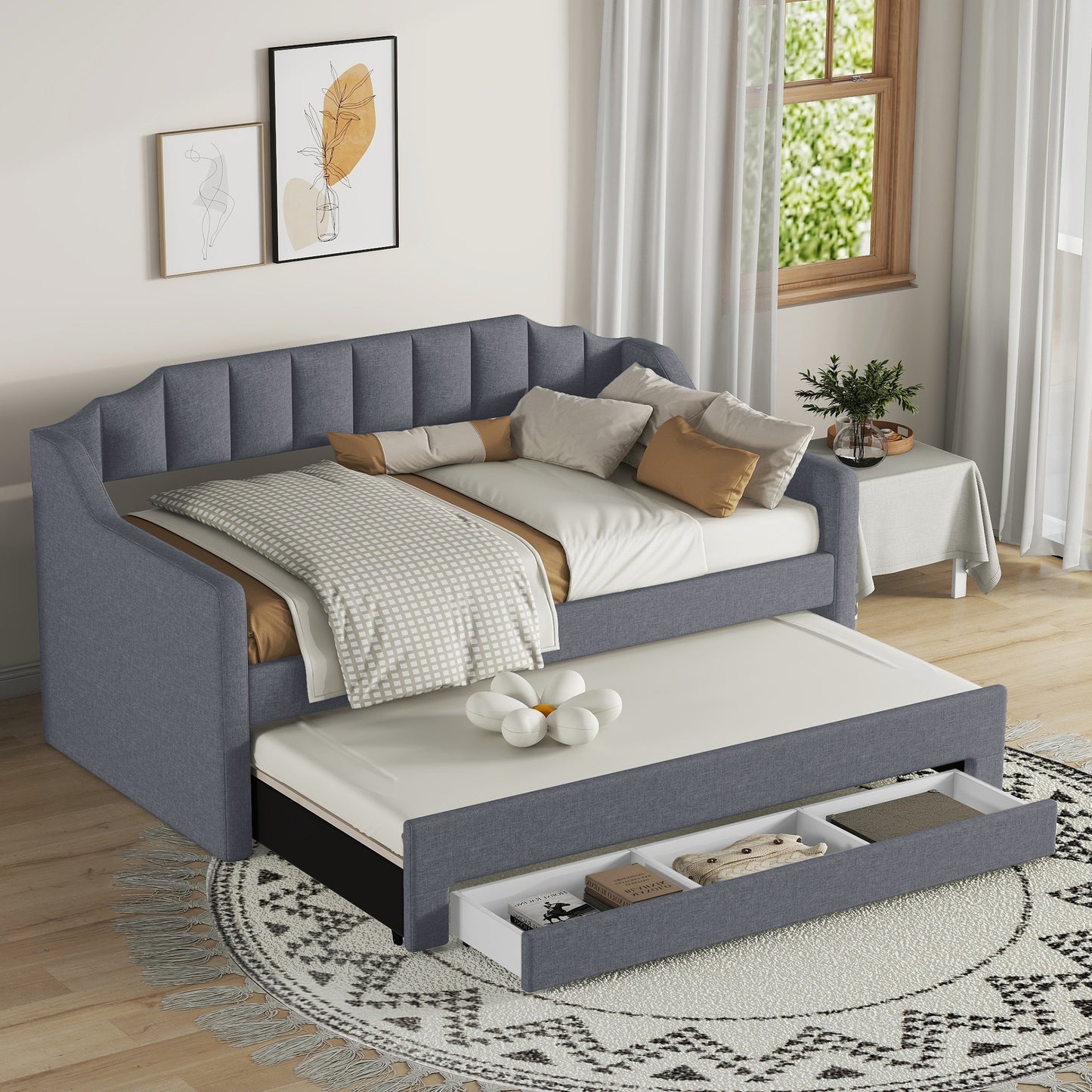 Twin Size Upholstered Daybed with Trundle and Three Drawers,Gray