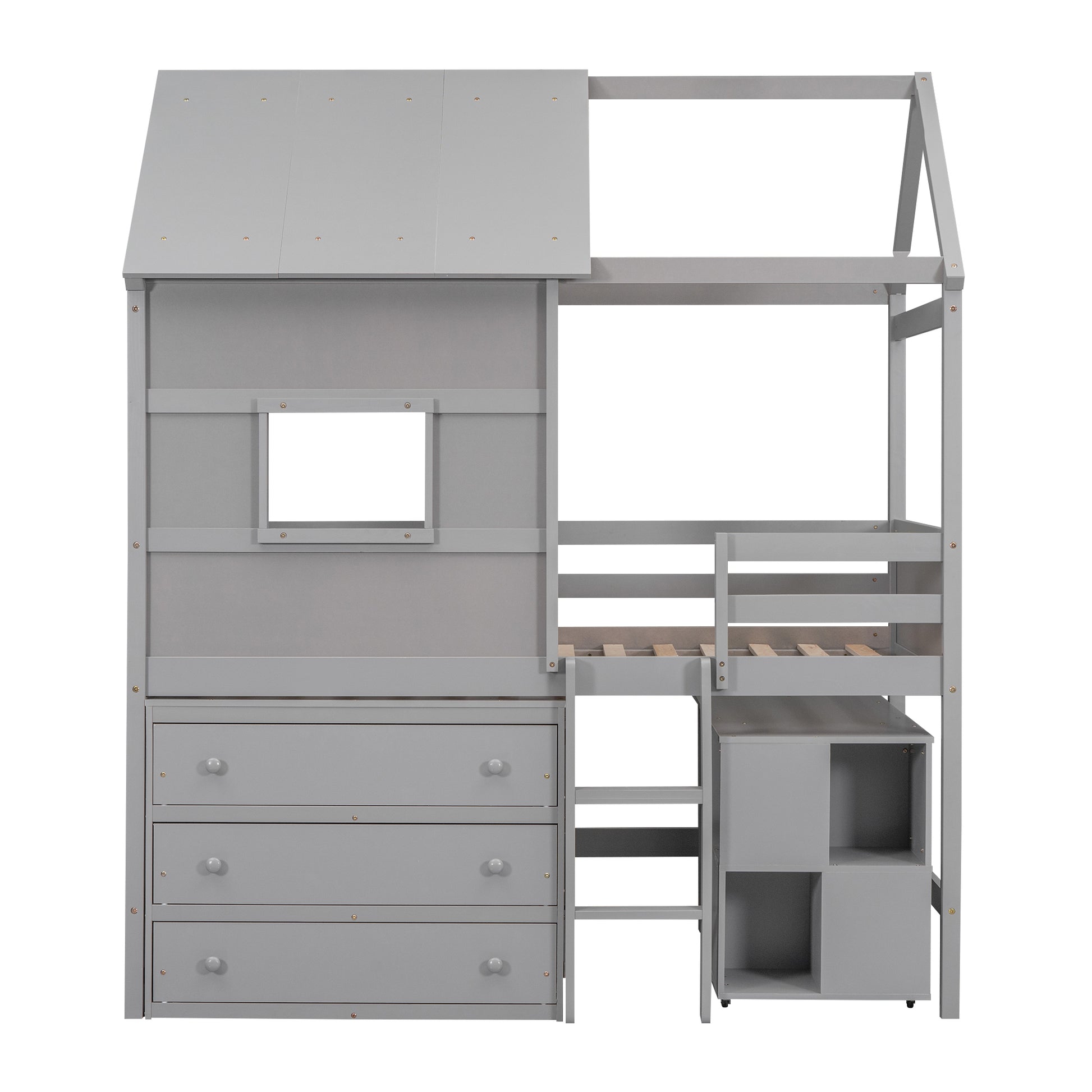 Twin Size House Loft Bed with Storage Desk and 3 Drawer Chest, Gray - Enova Luxe Home Store