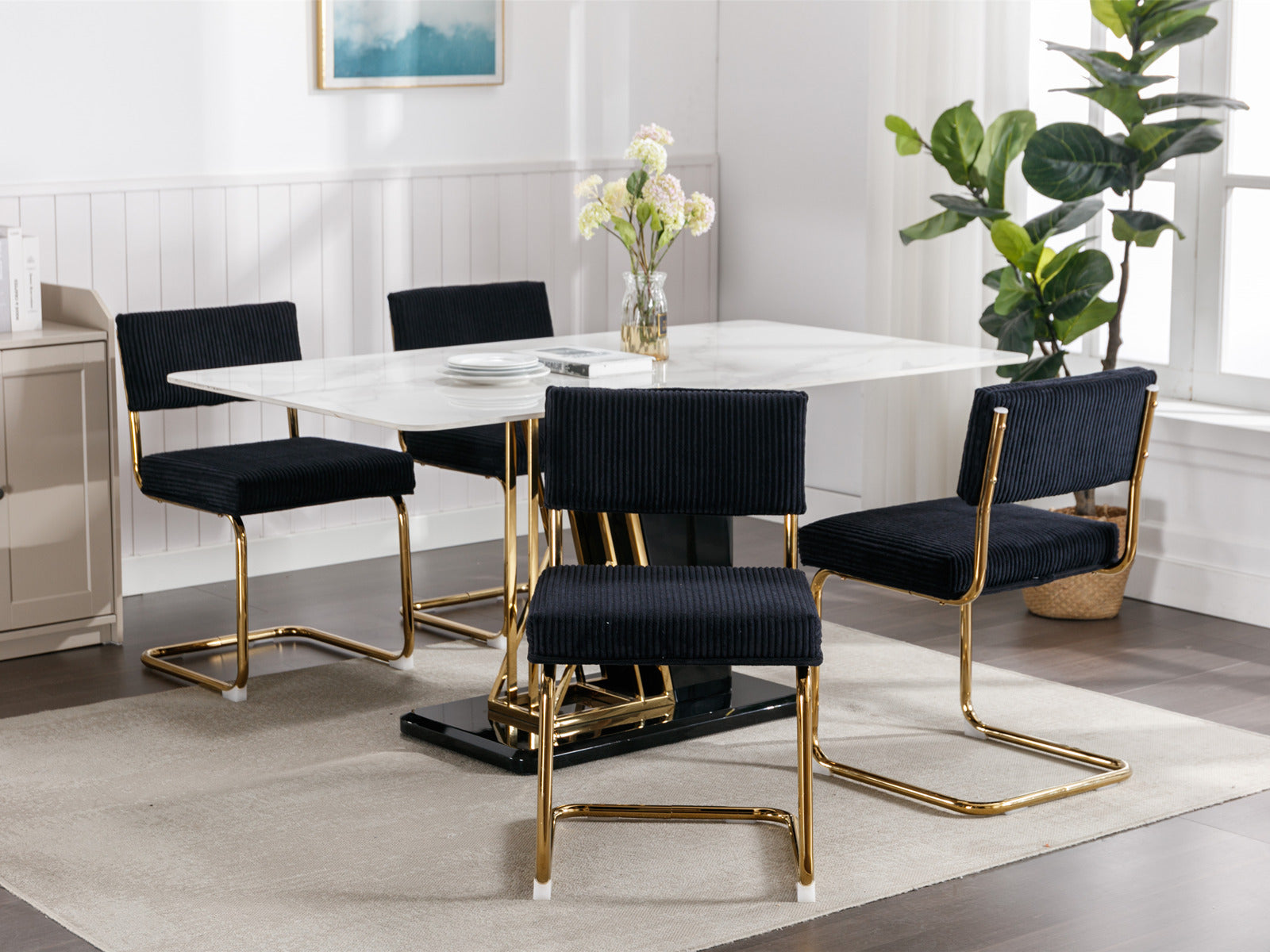 A&A Furniture,Modern Dining Chairs with Corduroy Fabric,Gold Metal Base, Accent Armless Kitchen Chairs with Channel Tufting, Side Chairs, Set of 2, Black - Enova Luxe Home Store