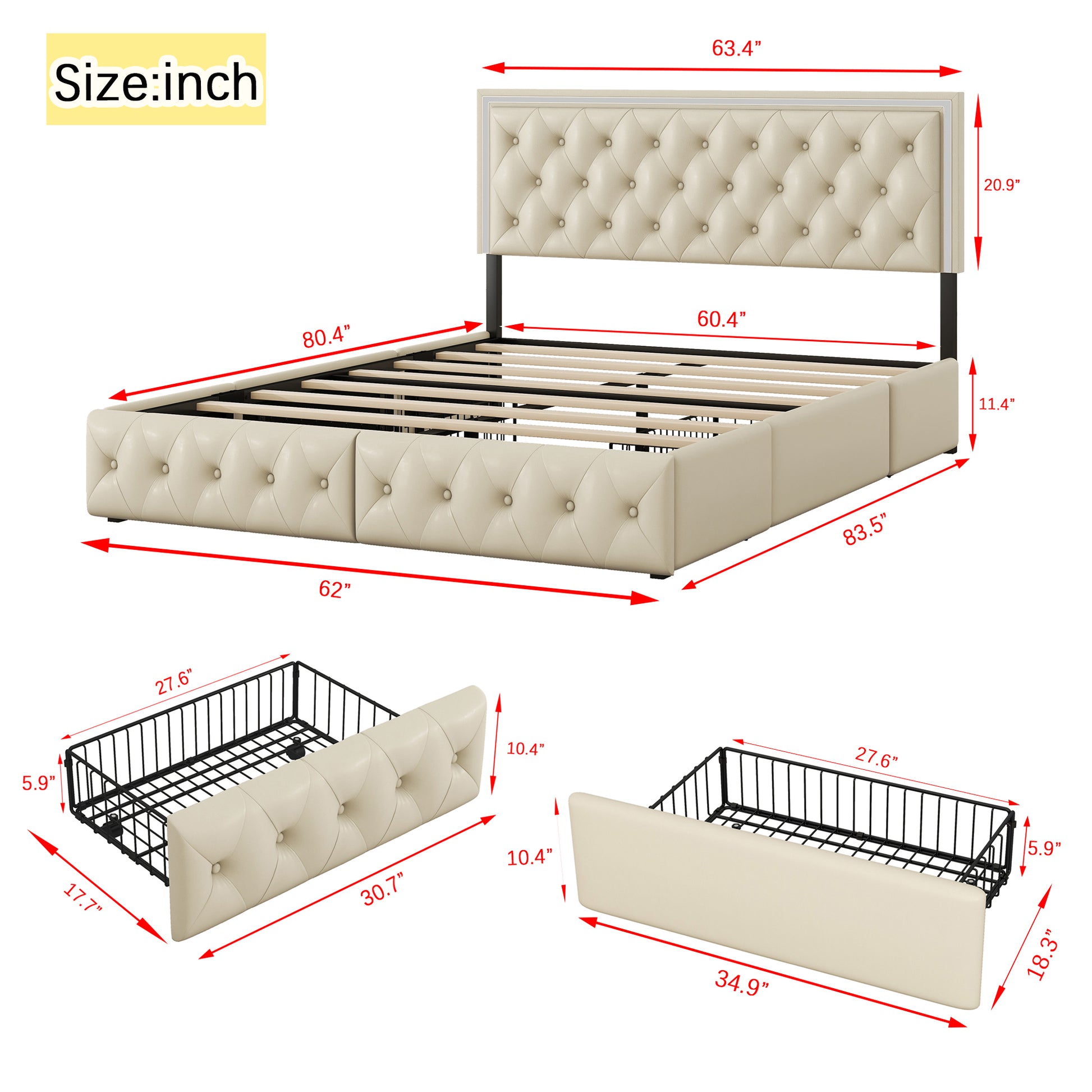 Queen Upholstered Bed Frame with 4 Storage Drawers, PU Leather Platform Bed with LED Headboard, No Box Spring Needed, Beige - Enova Luxe Home Store