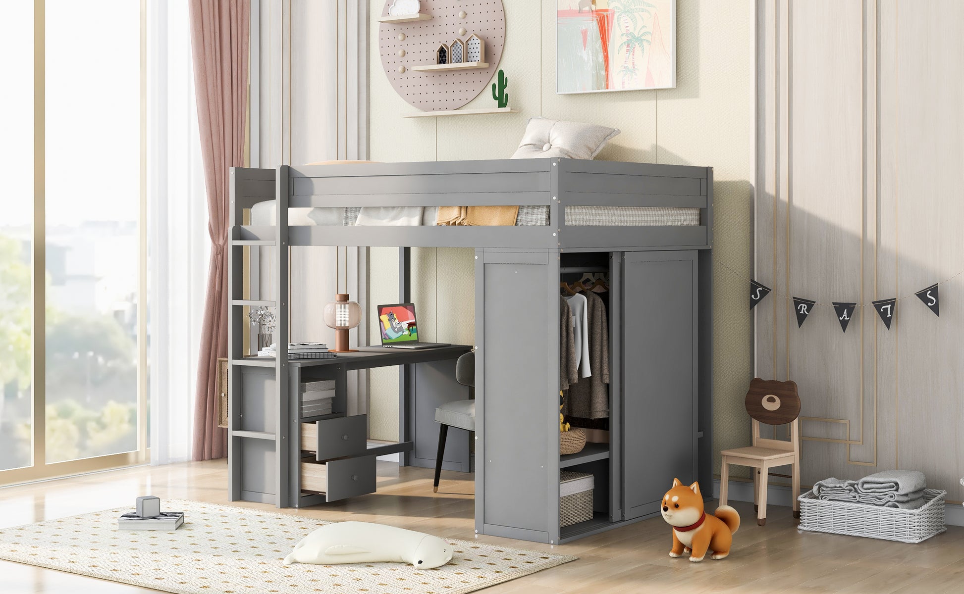 Wood Full Size Loft Bed with Wardrobes and 2-Drawer Desk with Cabinet, Gray - Enova Luxe Home Store