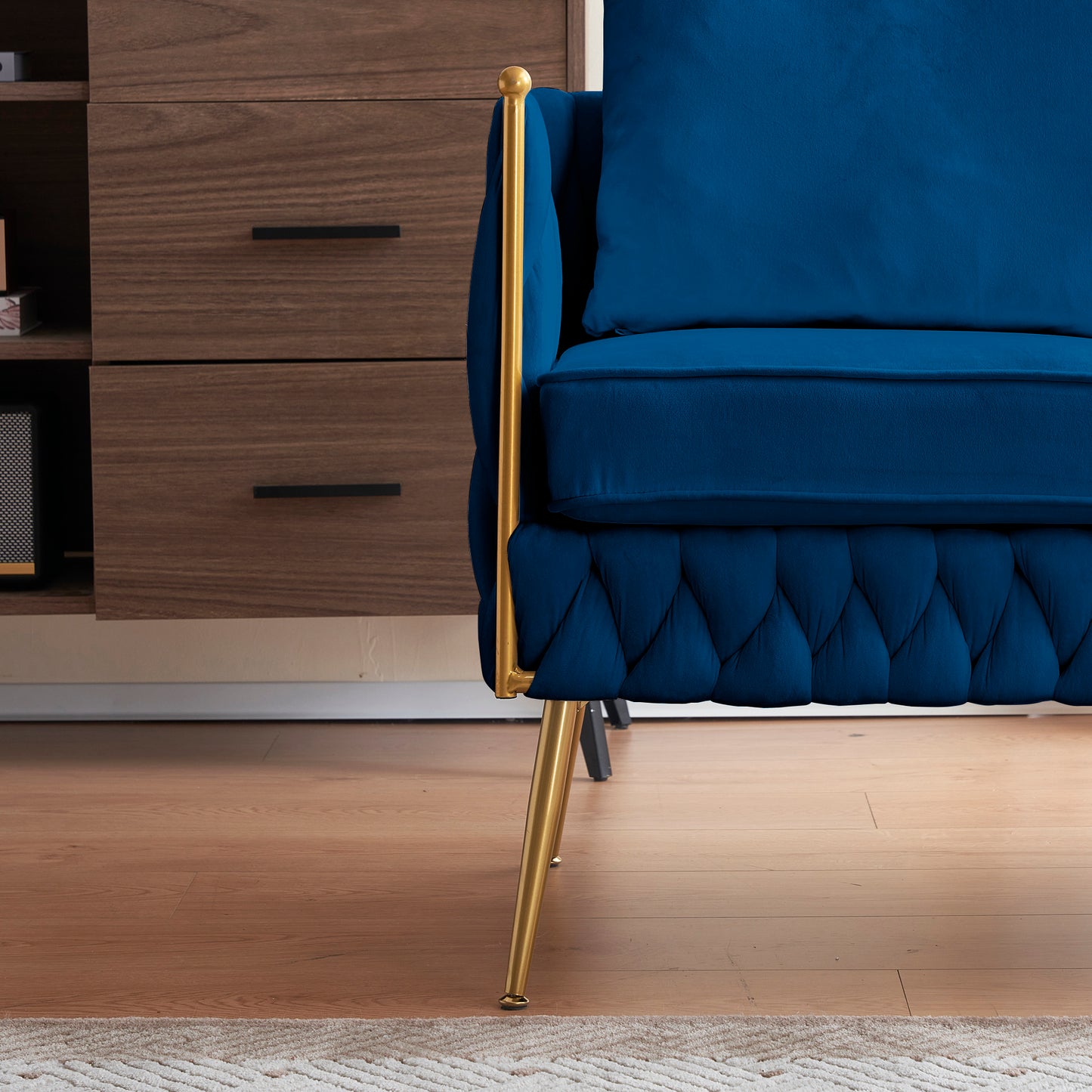 Handmade Woven Velvet Back and Sides Sofa Set, One Accent Chair And One 3 Seater Sofa, Gold Frame and Gold Legs , Modern Living Room Sofa Sets for Living Room , Blue Velvet