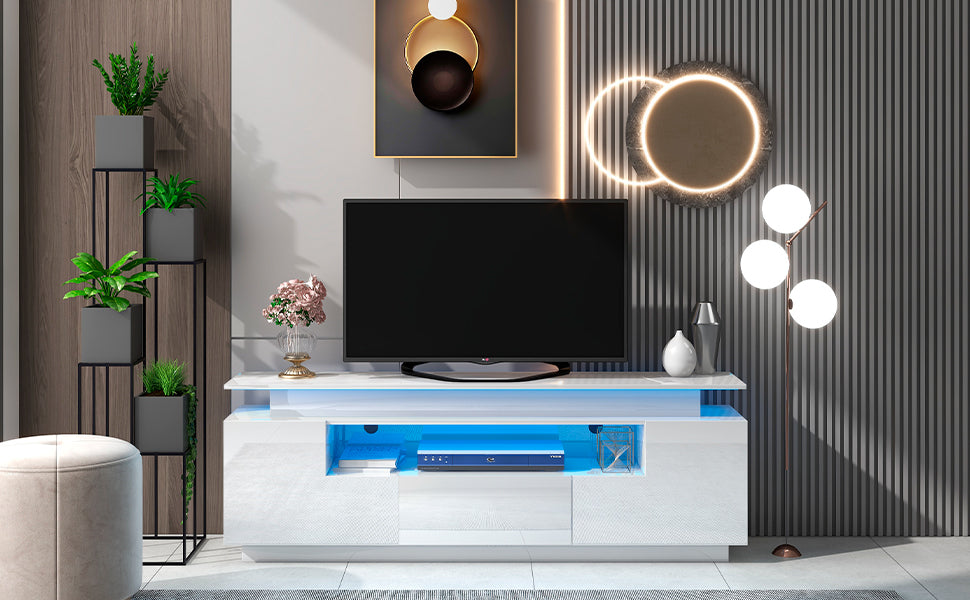 ON-TREND Modern, Stylish Functional TV stand with Color Changing LED Lights, Universal Entertainment Center, High Gloss TV Cabinet for 75+ inch TV, White - Enova Luxe Home Store