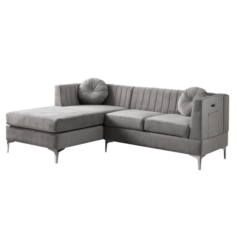 Chloe Gray Velvet Sectional Sofa Chaise with USB Charging Port - Enova Luxe Home Store