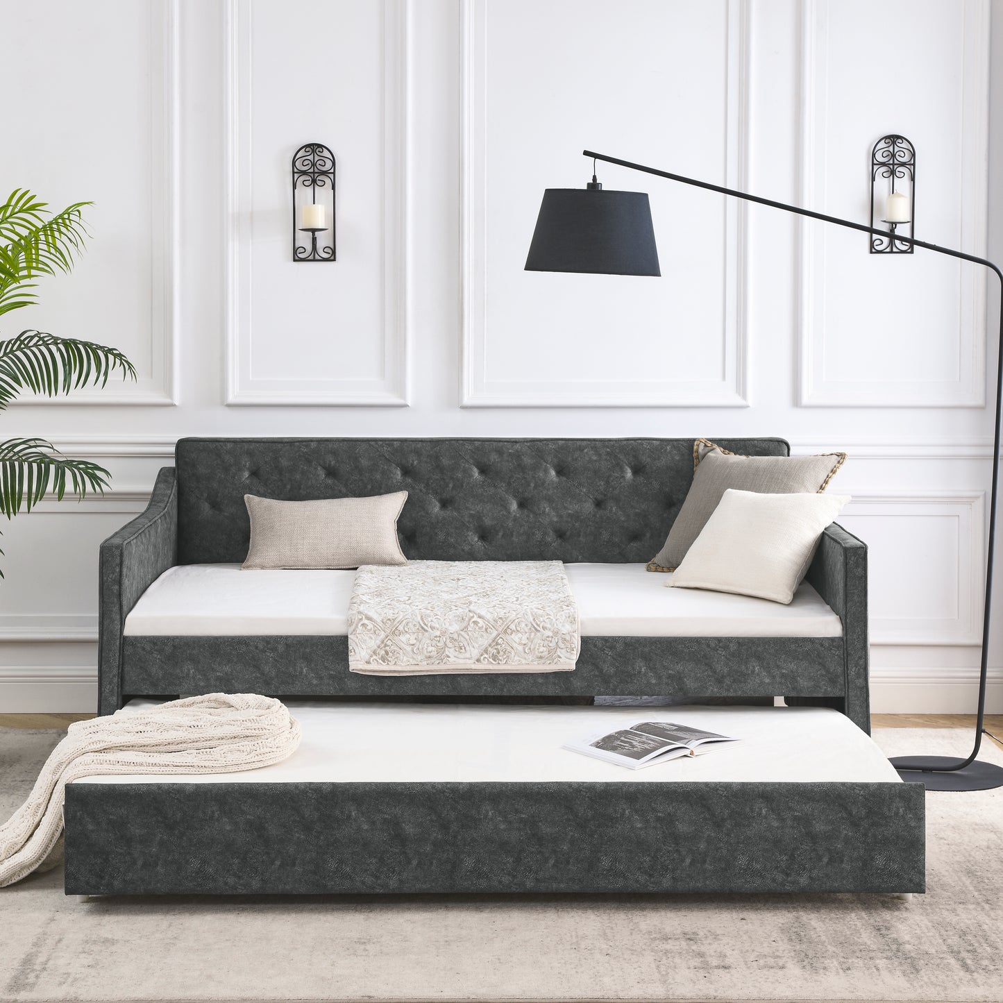 Twin Size Daybed with Twin Size Trundle Upholstered Tufted Sofa Bed,  Waved Shape Arms, Grey (80.5"x44.5"x33.5") - Enova Luxe Home Store