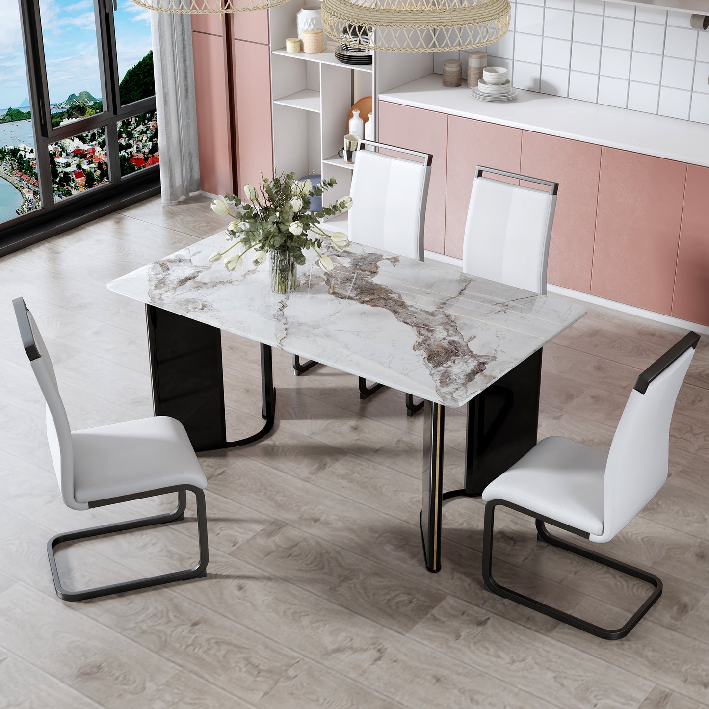 Modern minimalist rectangular dining table, white imitation marble tabletop, MDF table legs with gold metal decorative strips. Suitable for restaurant and living room   F-HH