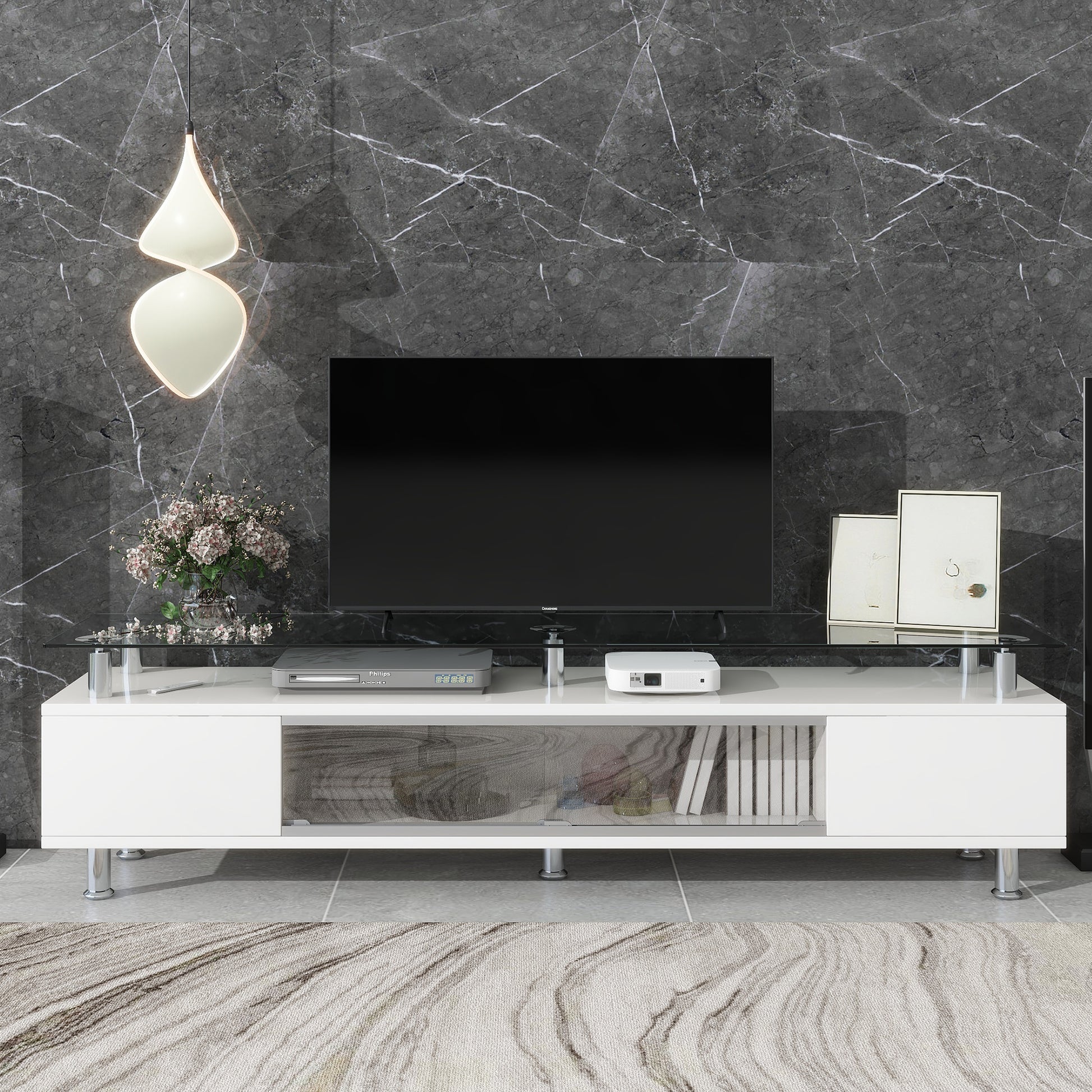 ON-TREND Sleek Design TV Stand with Silver Metal Legs for TV Up to 70", Tempered Glass TV Cabinet with Ample Storage Capacity, Contemporary Media Console with Sliding Glass Door for Living Room, White - Enova Luxe Home Store