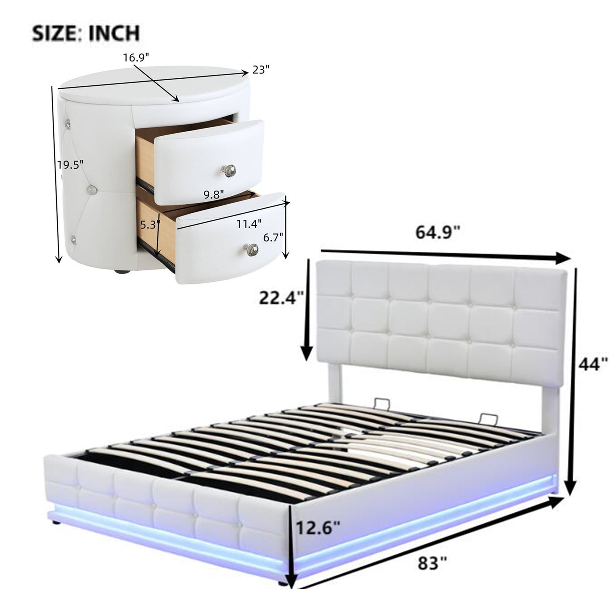 3-Pieces Bedroom Sets,Queen Size Upholstered Bed with LED Lights,Hydraulic Storage System and USB Charging Station, Two Nightstands with Crystal Decoration,White - Enova Luxe Home Store
