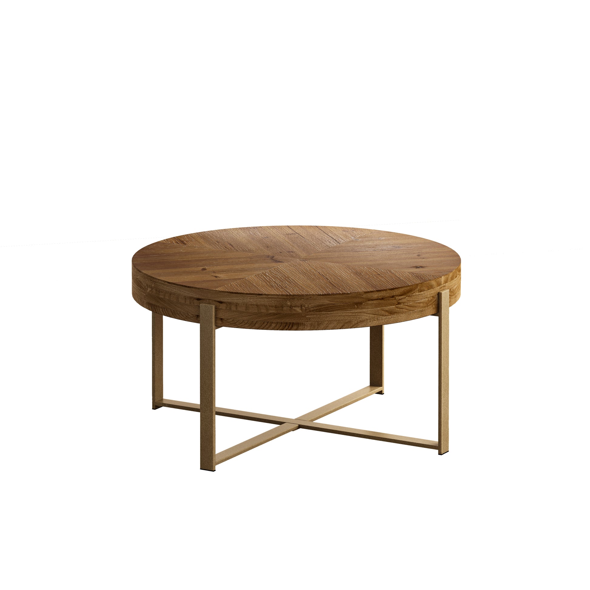 33.86"Modern Retro Splicing Round Coffee Table,Fir Wood Table Top with Gold Cross Legs Base - Enova Luxe Home Store