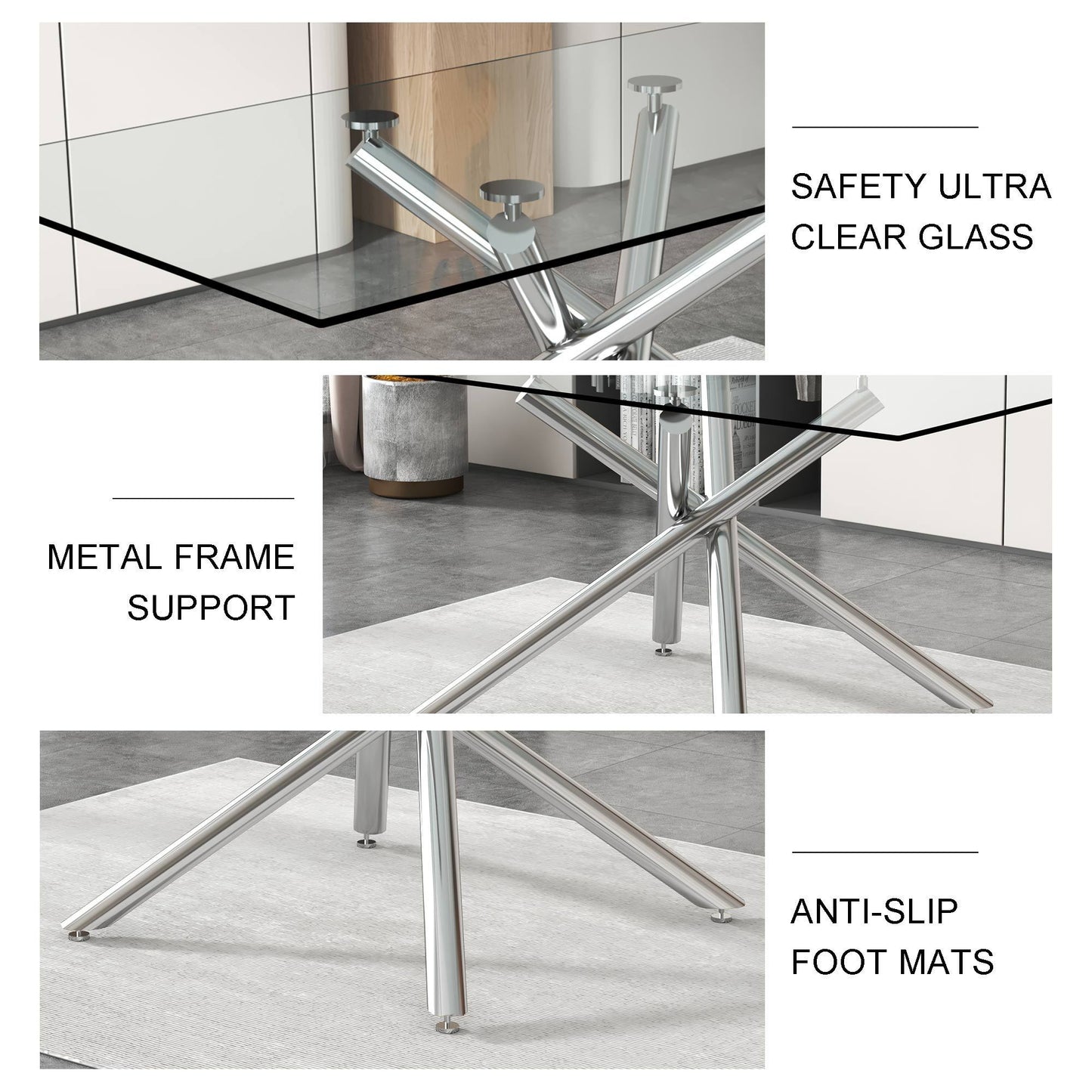 Large Modern Minimalist Rectangular Glass Dining Table for 6-8 with 0.39" Tempered Glass Tabletop and Silver Chrome Metal Legs, for Kitchen Dining Living Meeting Room Banquet hall, 71''x39''x29''1537 - Enova Luxe Home Store