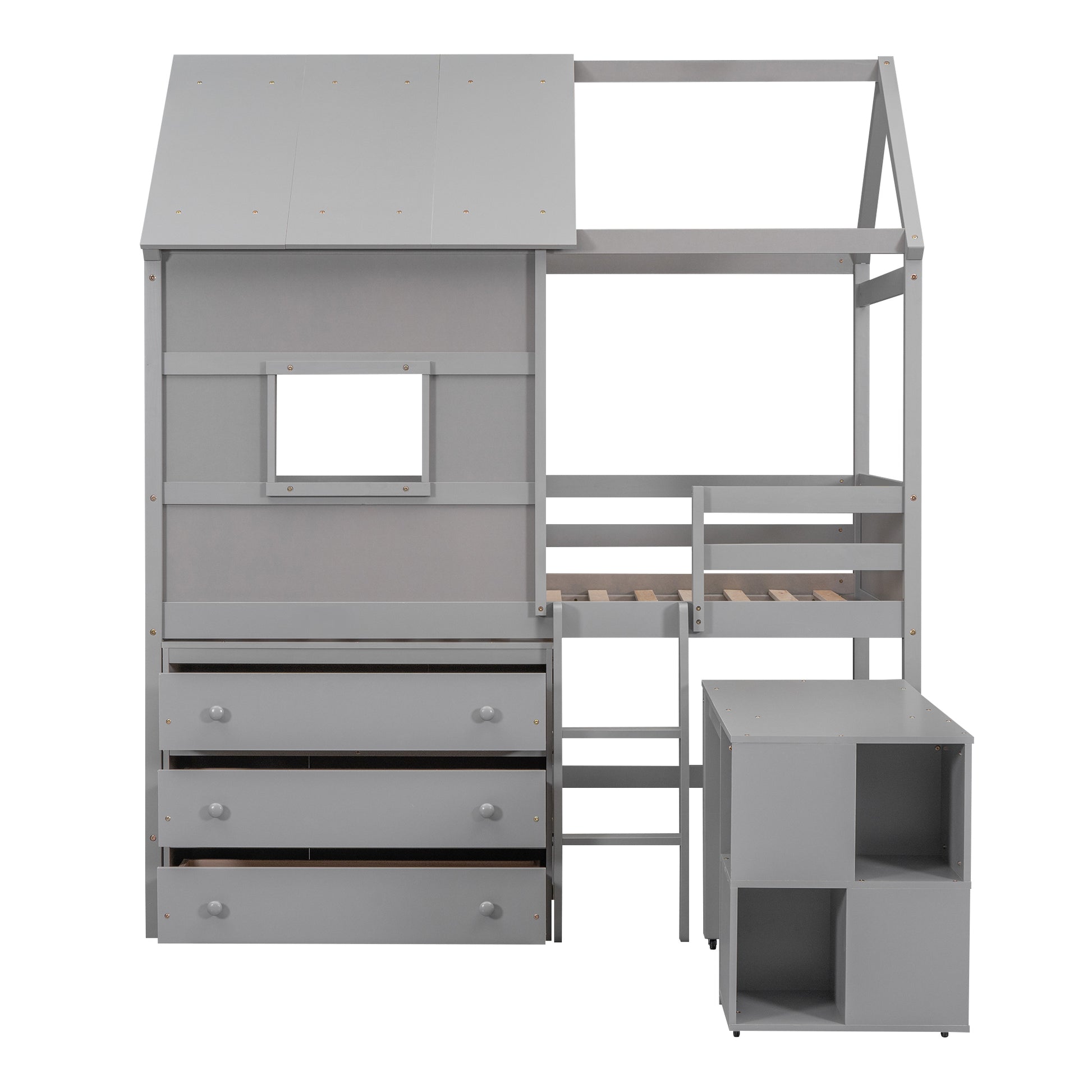 Twin Size House Loft Bed with Storage Desk and 3 Drawer Chest, Gray - Enova Luxe Home Store