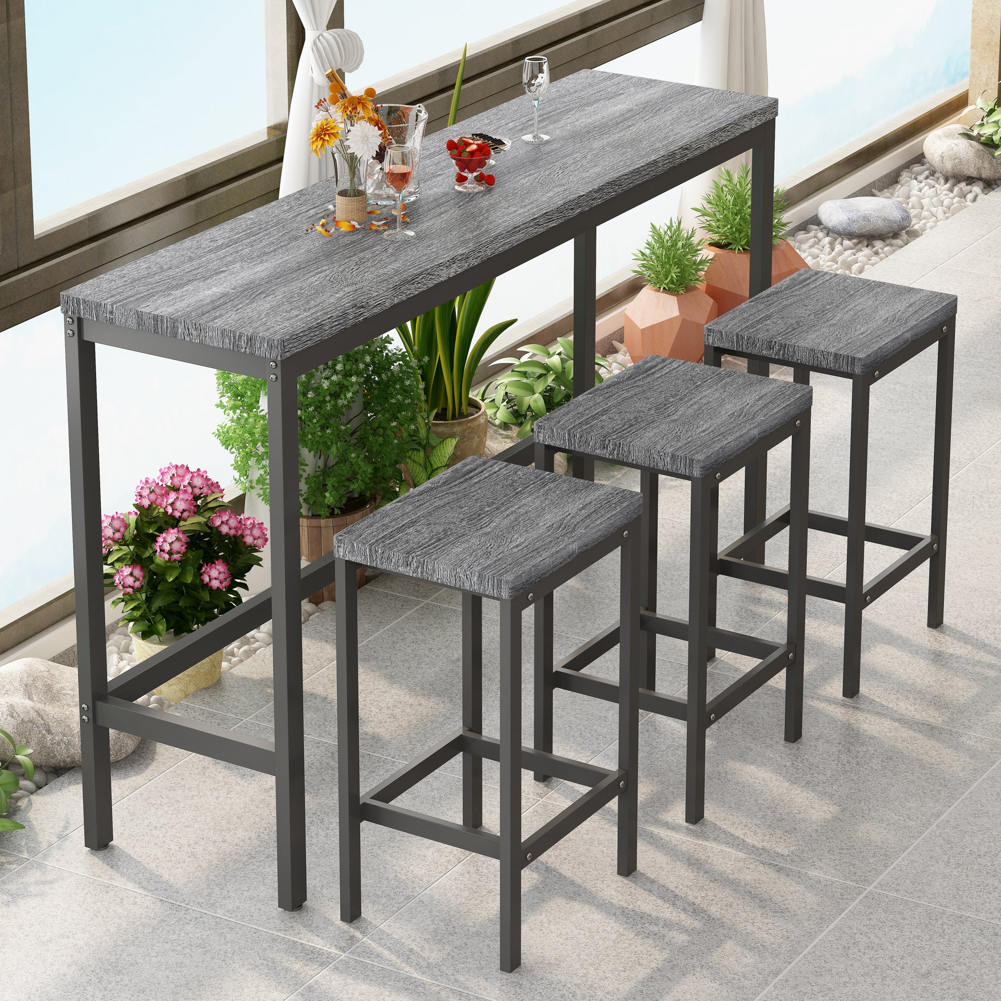 Modern Design Kitchen Dining Table, Pub Table, Long Dining Table Set with 3 Stools, Easy Assembly, Gray (Same SKU:W75753845) - Enova Luxe Home Store
