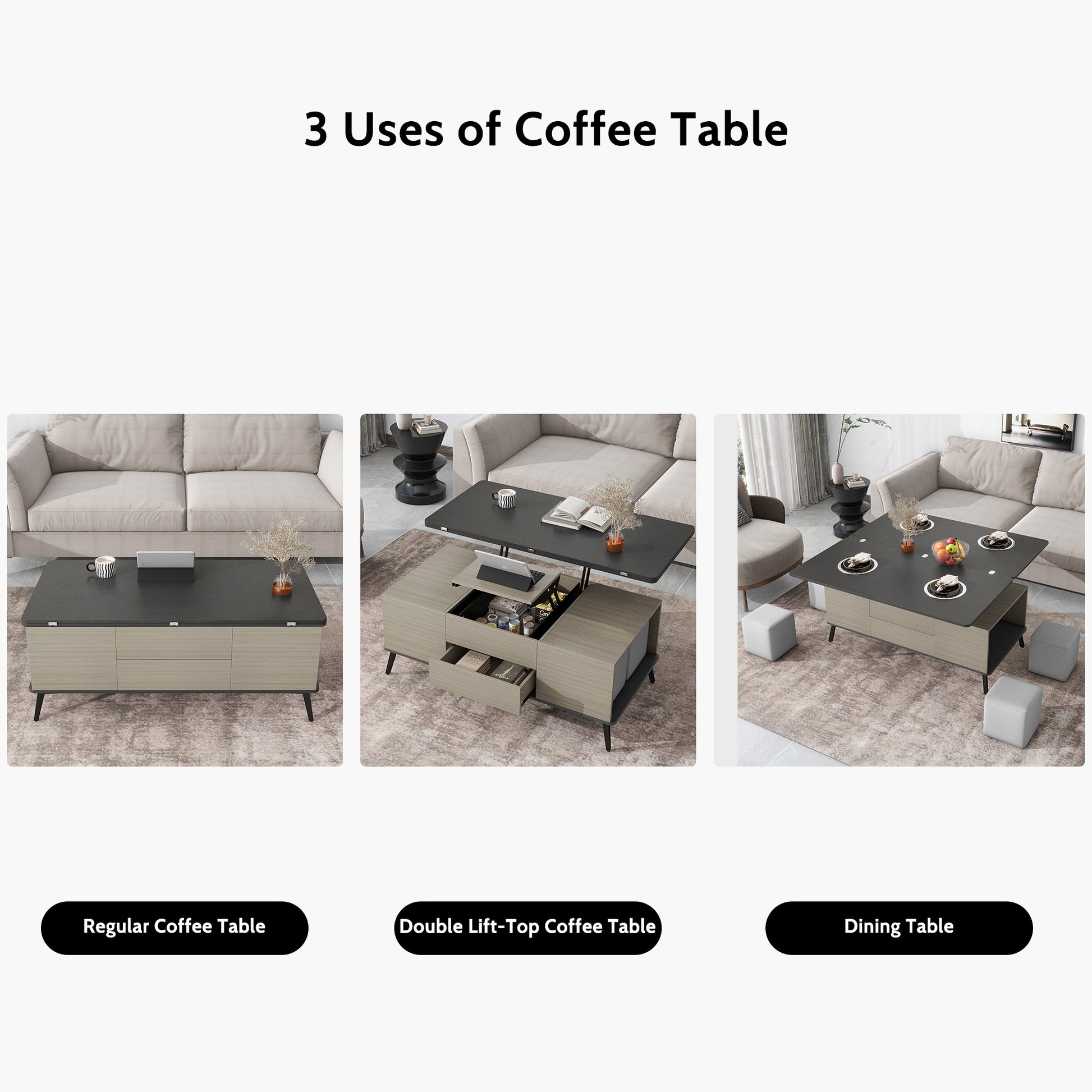 5 Pieces Lift Top Coffee Table Set with Storage Convertible Dining Table with Ottomans - Enova Luxe Home Store