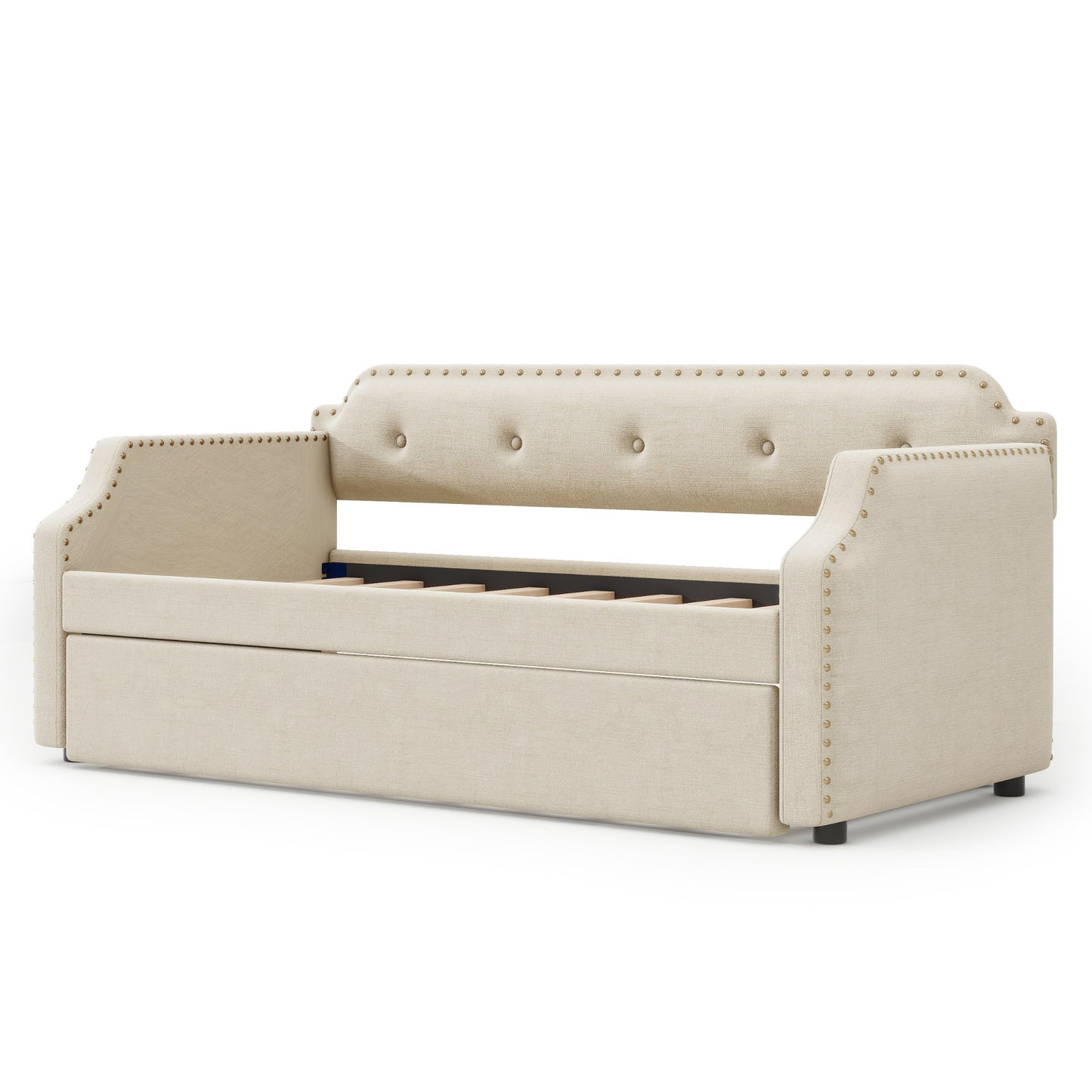 Upholstered Daybed with Trundle, Wood Slat Support,Upholstered Frame Sofa Bed, Twin, Beige(Expected Arrival Time: 1.23)