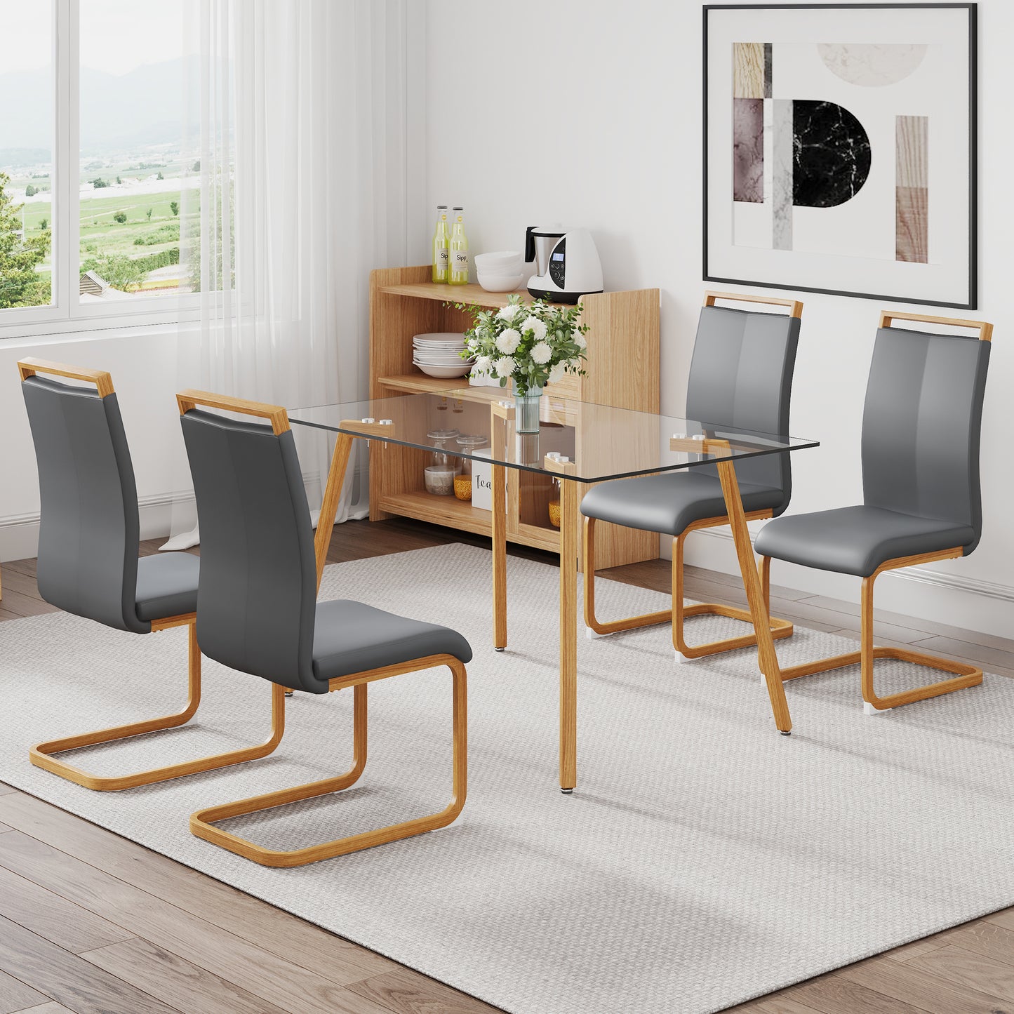 Table and chair set. 1 table and 4 grey chairs. Glass dining table with 0.31 "tempered glass tabletop and wood color metal legs. PU leather high back upholstered chair with wood color metal leg