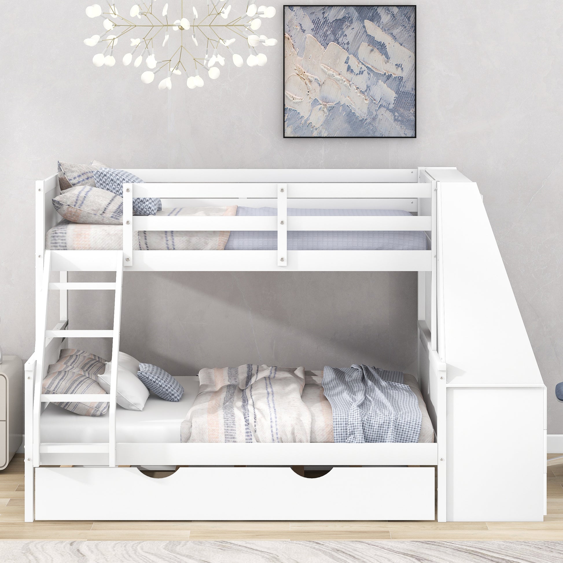 Twin over Full Bunk Bed with Trundle and Built-in Desk, Three Storage Drawers and Shelf,White - Enova Luxe Home Store